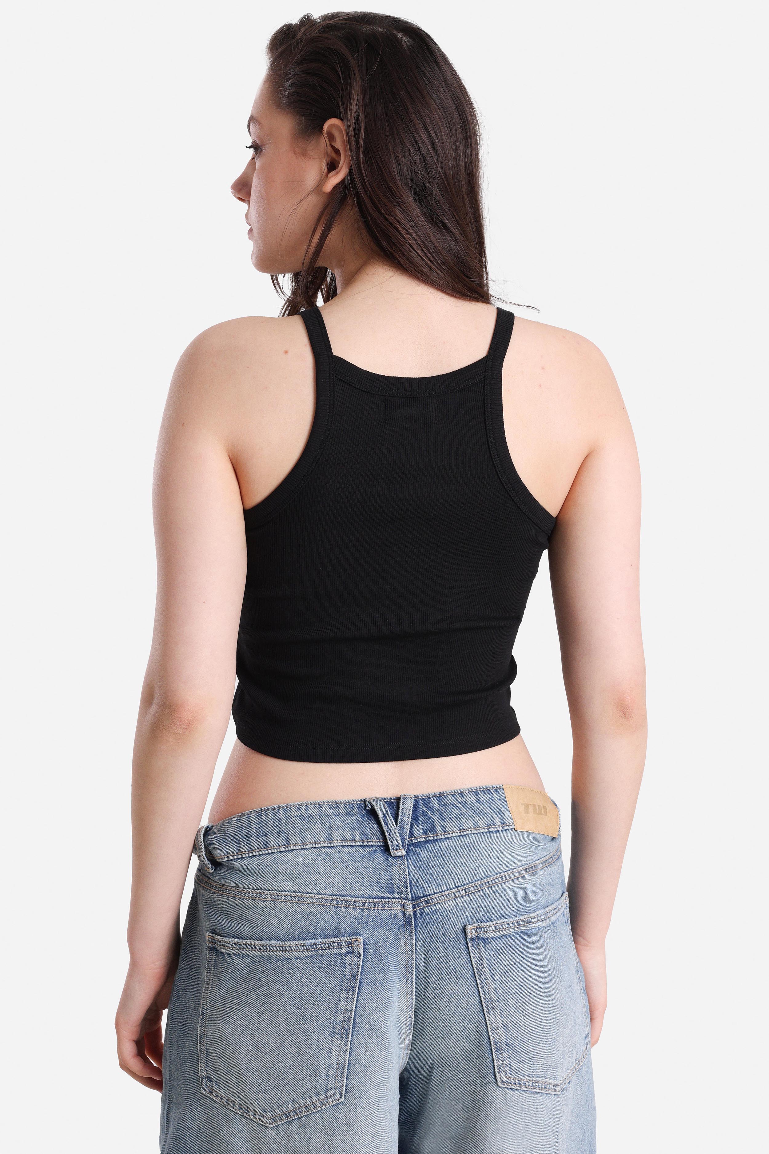 Top corto a coste con spalline - Nero