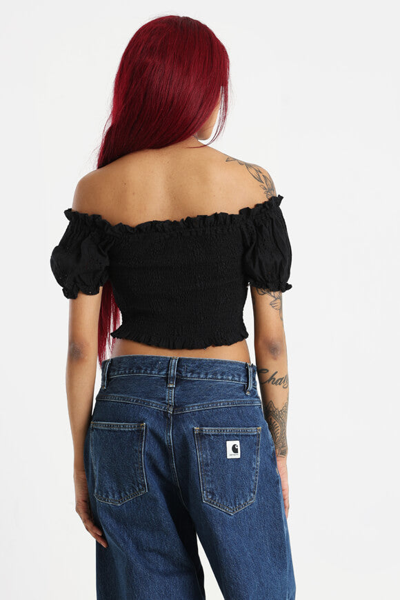 Gesmoktes Off Shoulder Crop Top - Schwarz