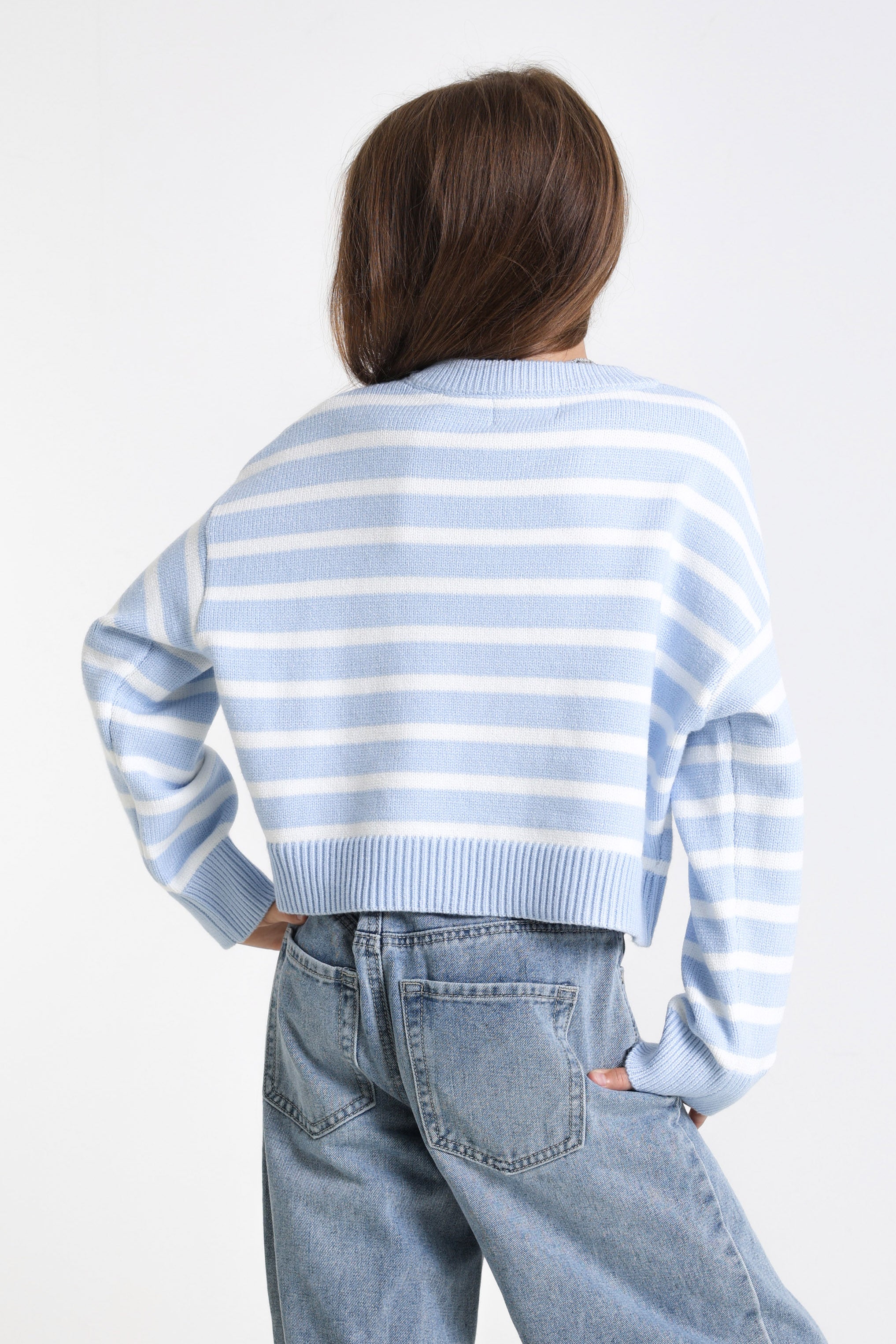 Crop Strickpullover - Hellblau + Offwhite