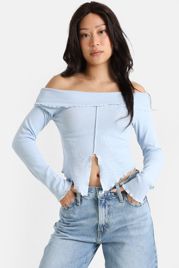 Off-shoulder crop long sleeve shirt - light blue