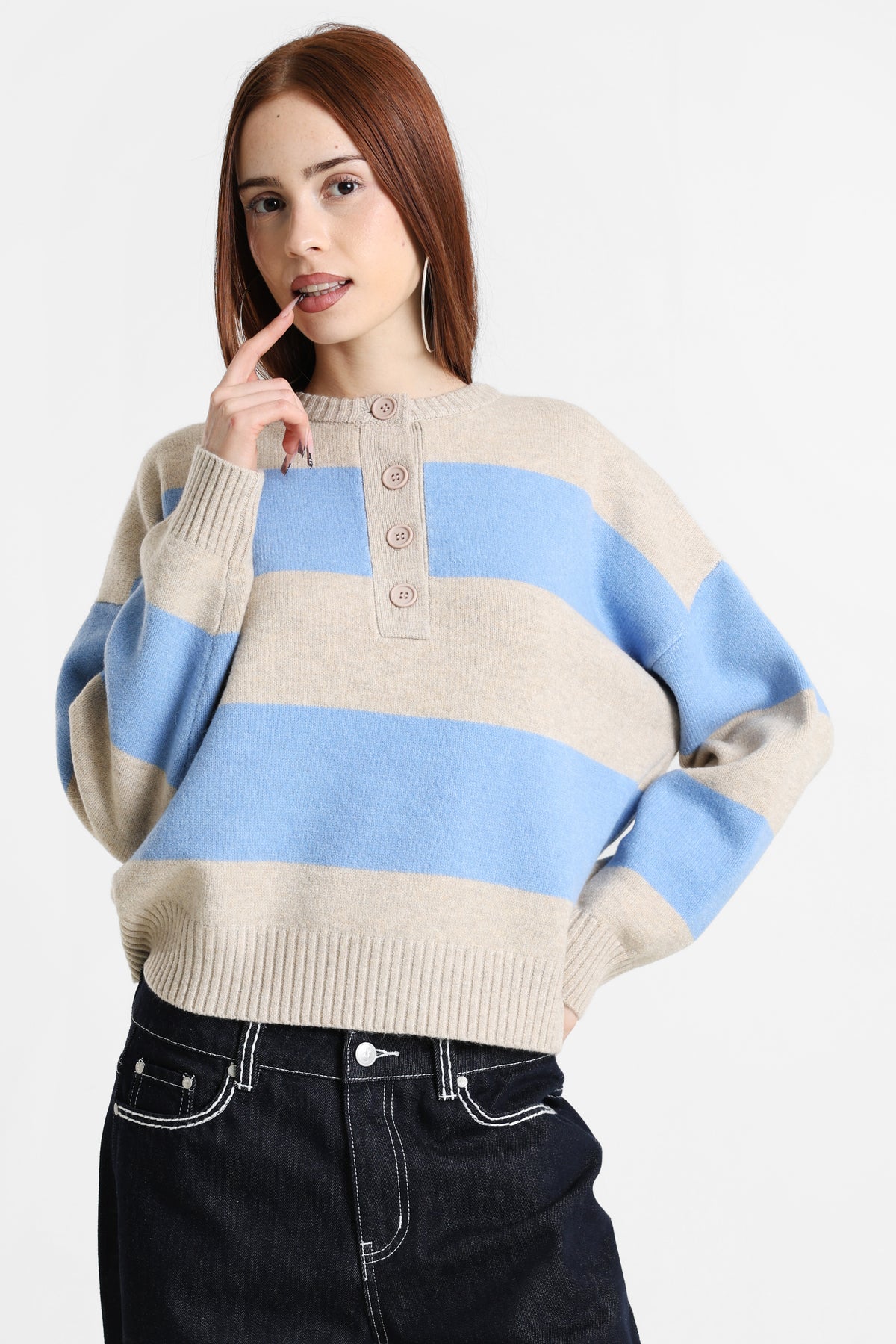 Pull ample en tricot - Beige chiné + Bleu clair