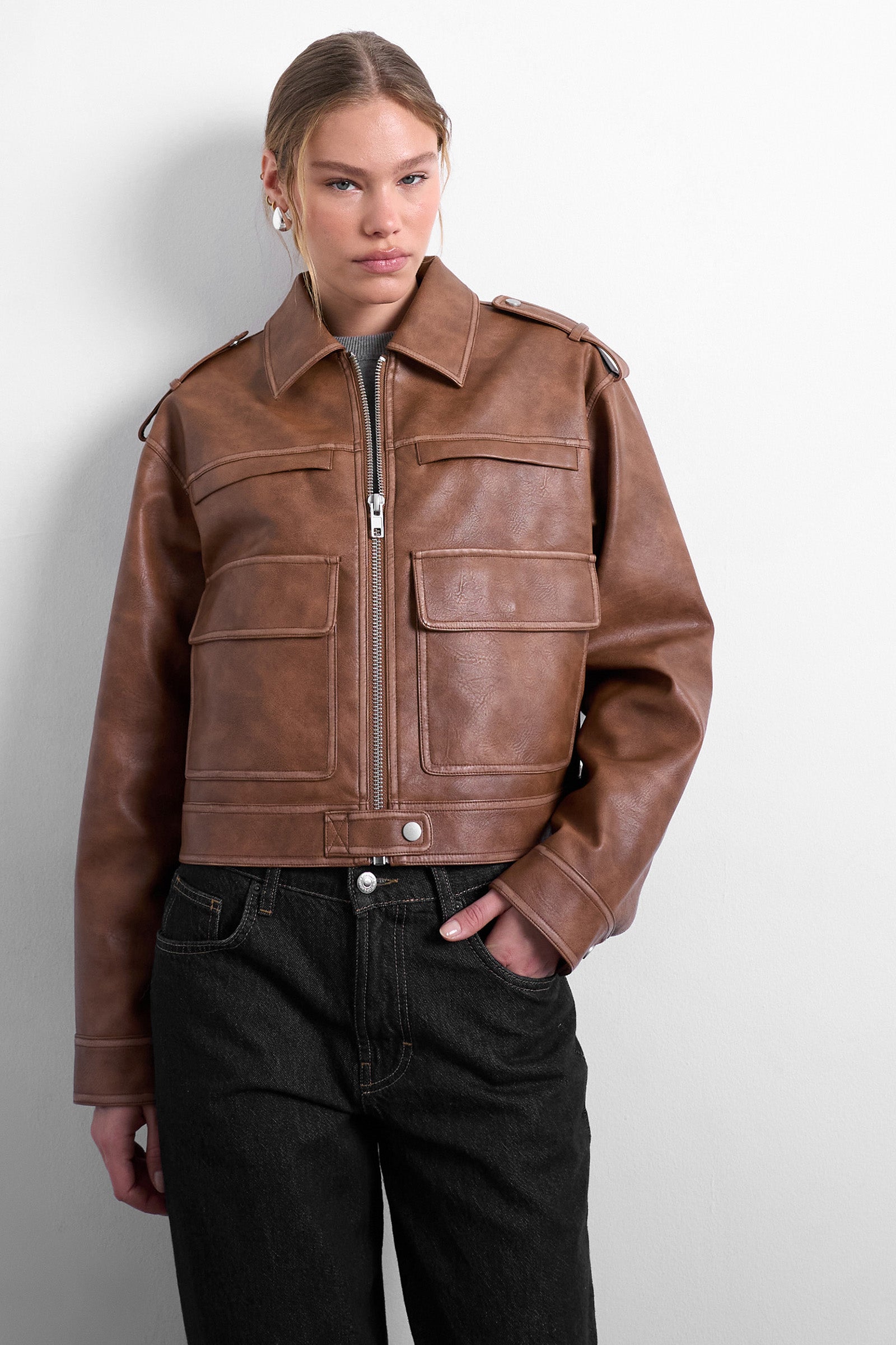 TSMADISON Kunstleder Bikerjacke - Brown Lentil