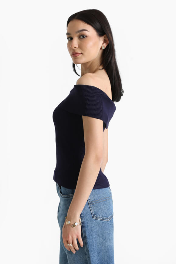 Geripptes Off Shoulder Crop Stricktop - Marineblau