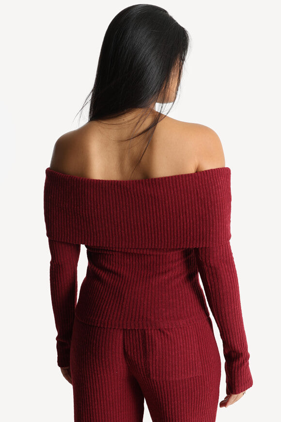 Pull off shoulder en tricot côtelé - Bordeaux