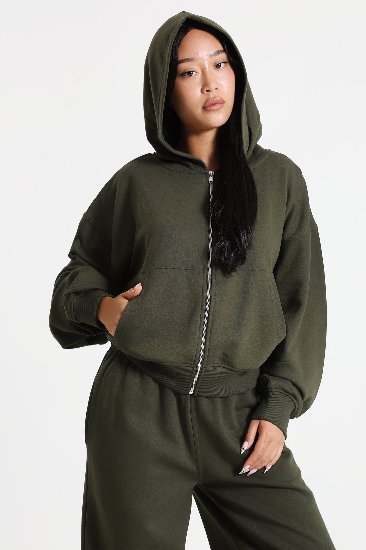 Felpa con cappuccio e zip - Olive