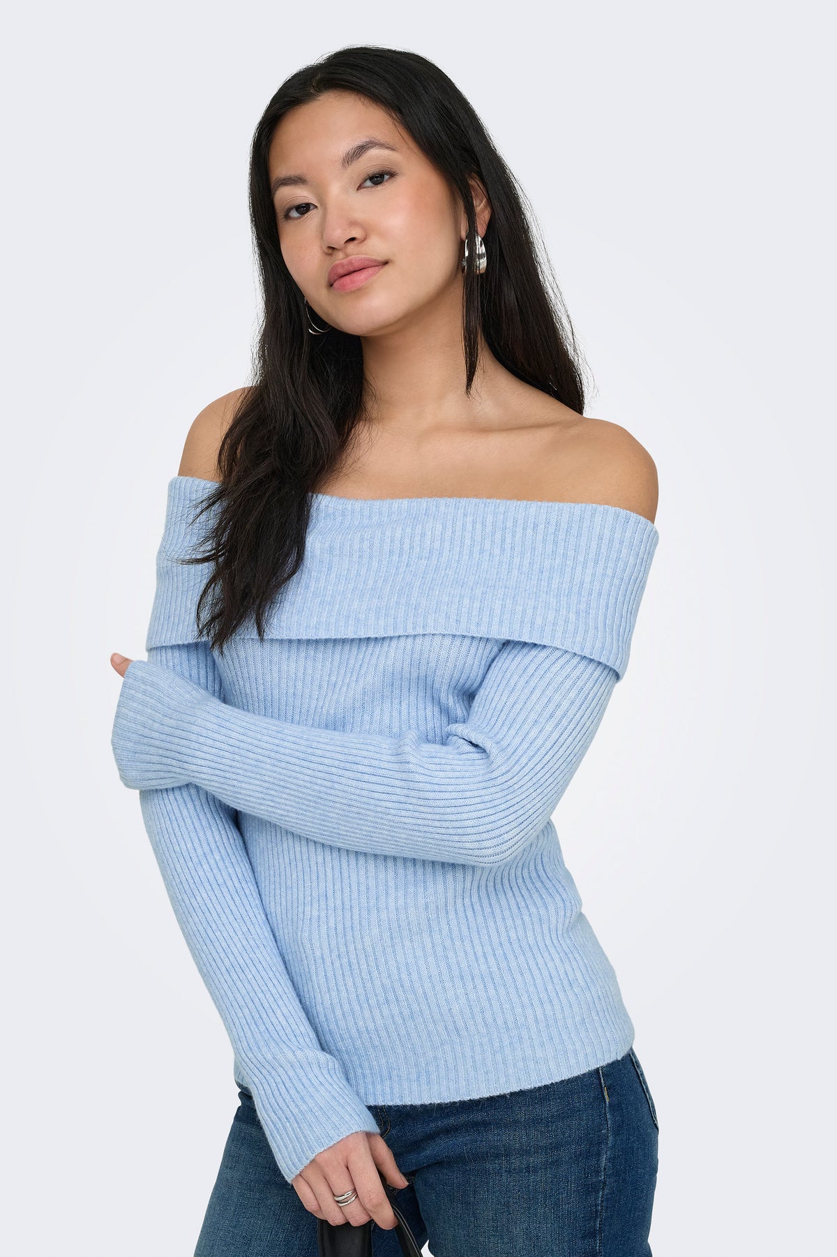 ONLKATIA gerippter Crop Off Shoulder Strickpullover - Kentucky Blue Melange