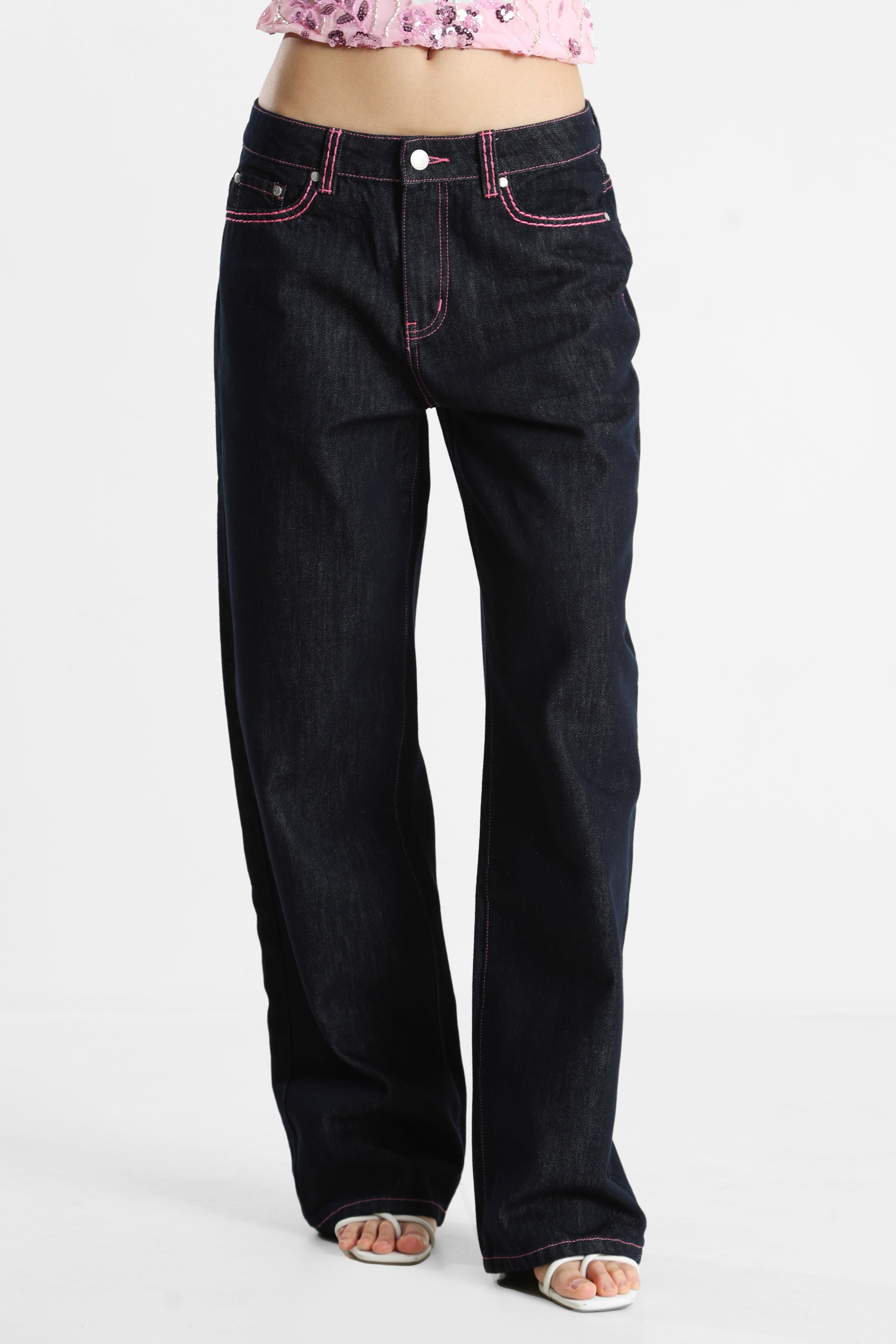 Baggy Fit Jeans - Dunkelblau + Rosa