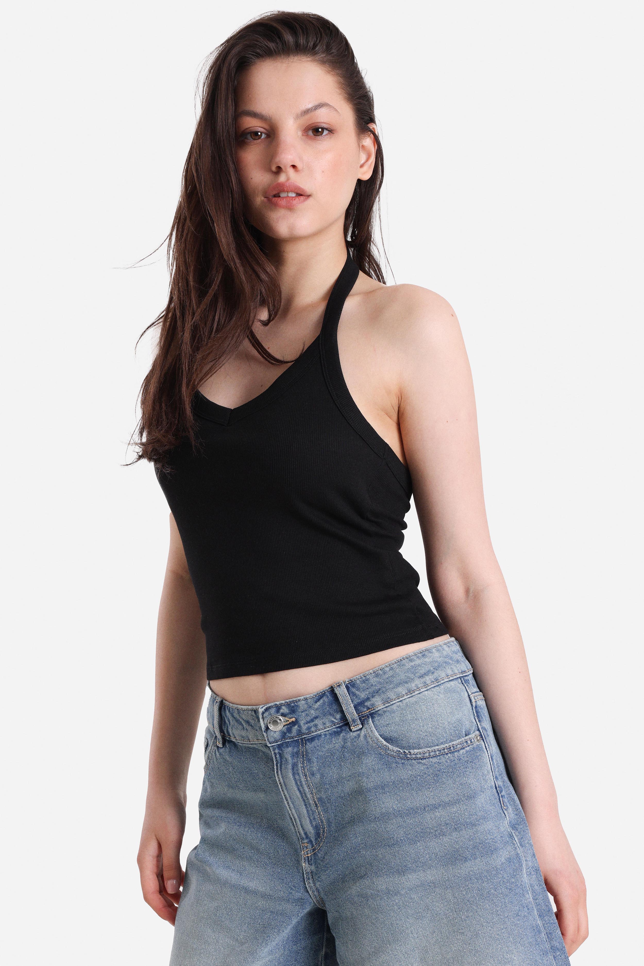 Geripptes Neckholder Crop Top - Schwarz
