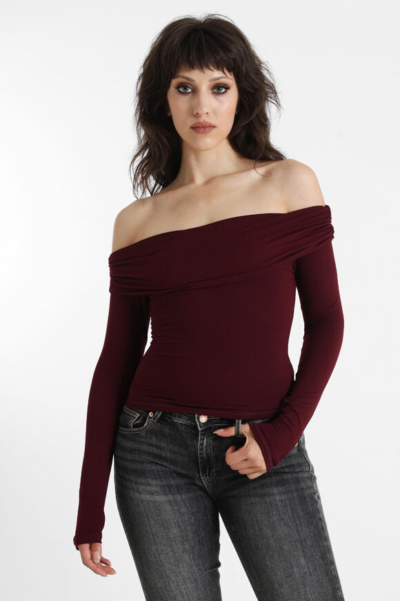 Camicia a maniche lunghe Off Shoulder Crop - Borgogna