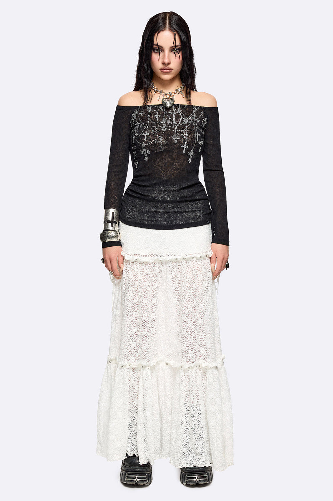 Rosary Off Shoulder Crop Langarmshirt - Black