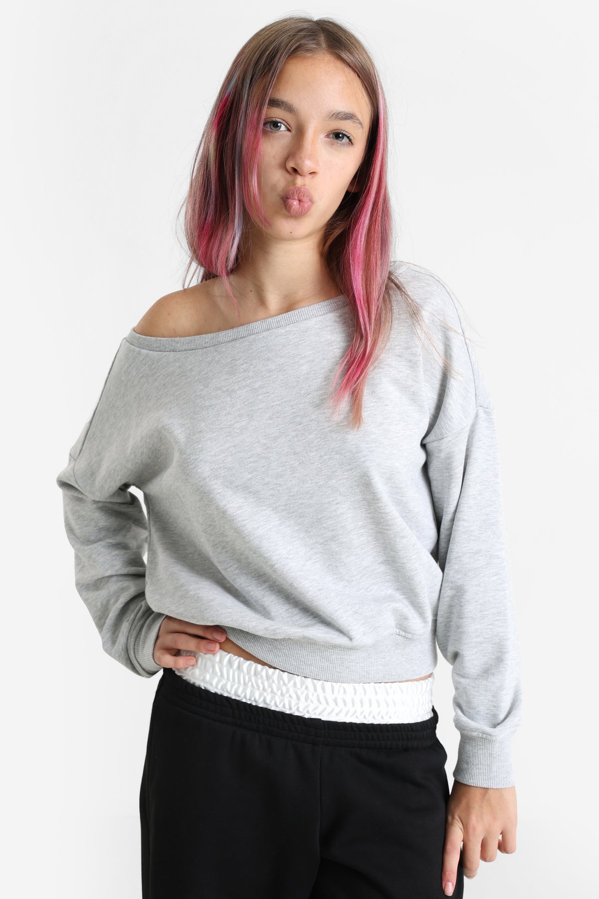 Sweatshirt off shoulder - Gris clair chiné