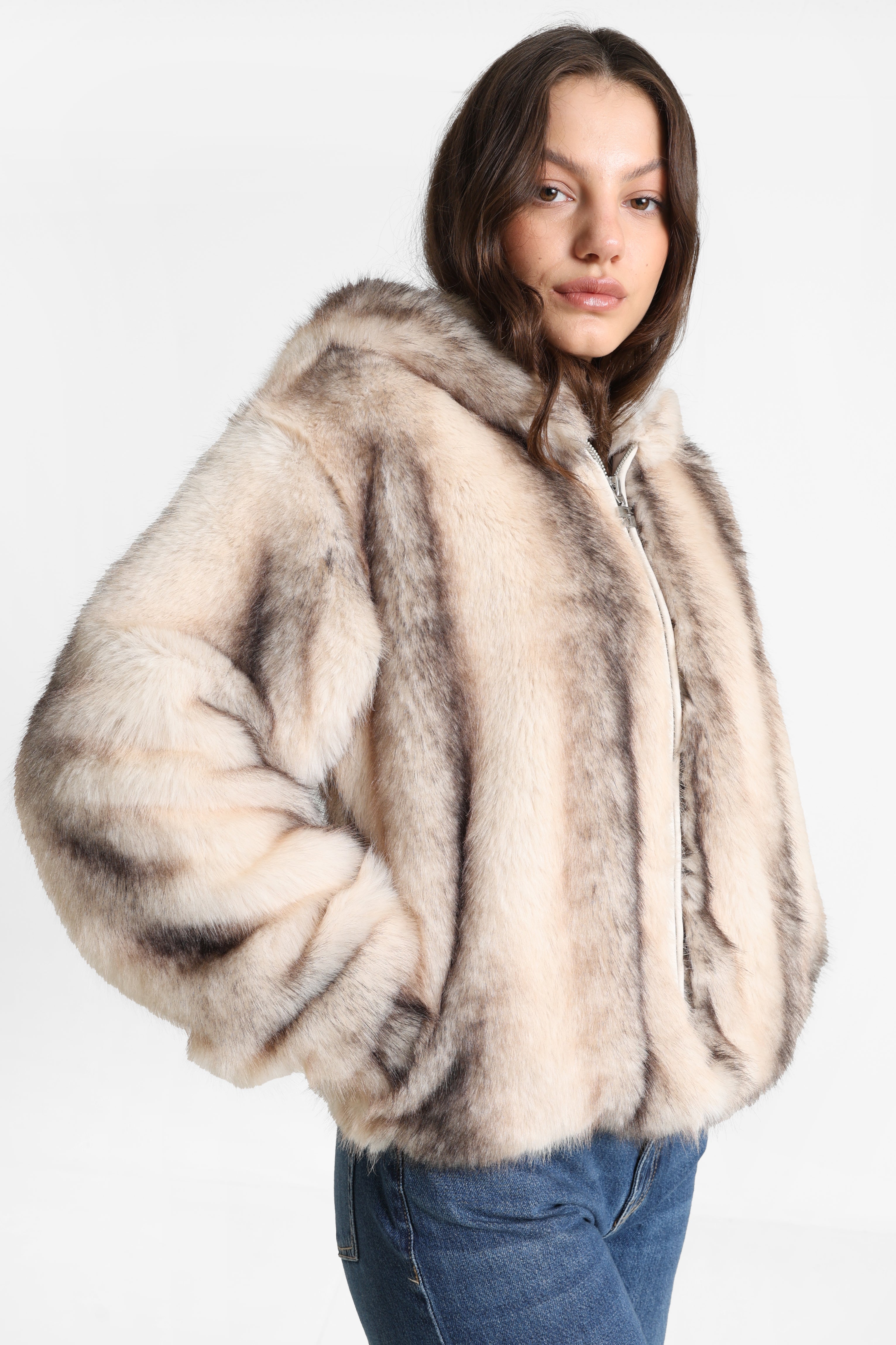 Oversize Kunstpelzjacke - Hellbeige + Braun