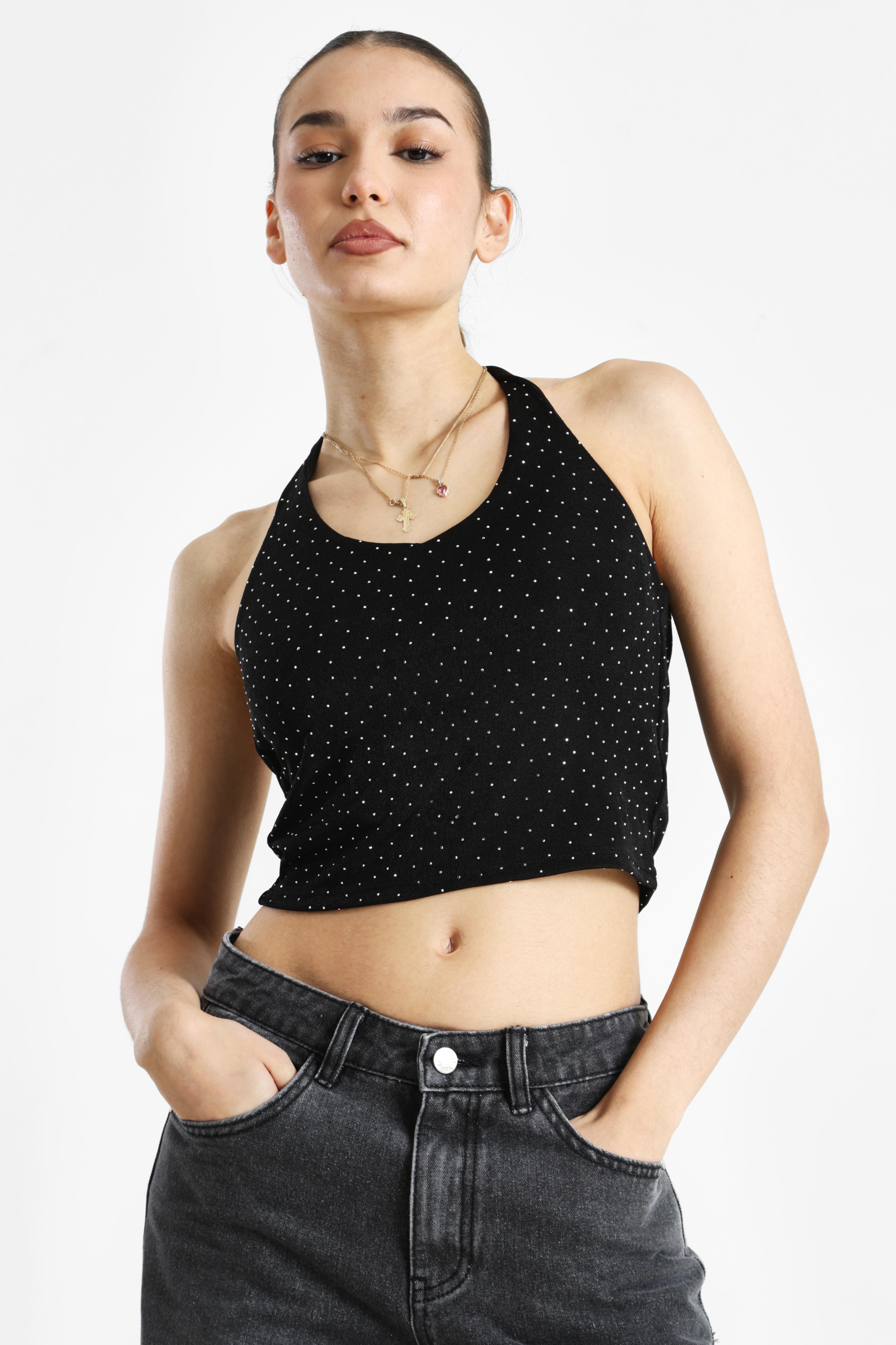 Neckholder Crop Top mit Strass - Schwarz