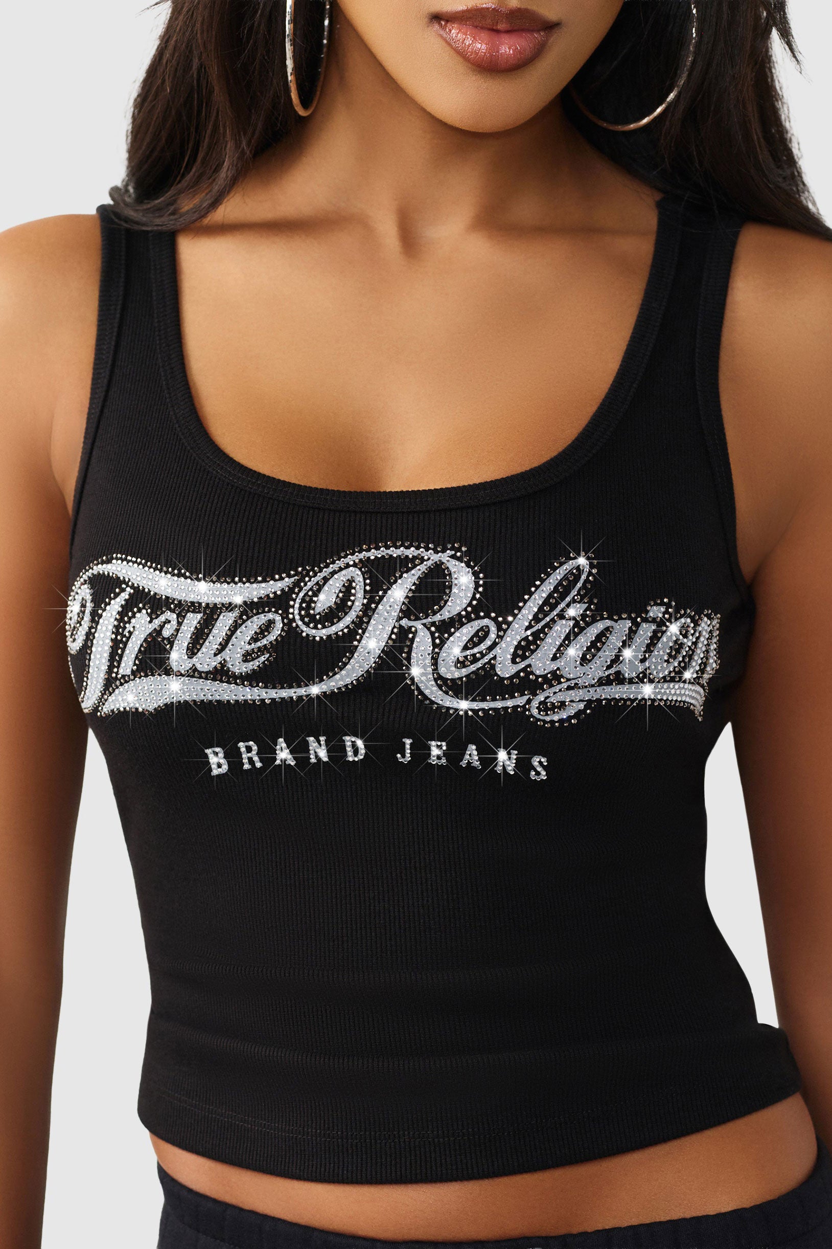 Crystal geripptes Crop Top - Jet Black