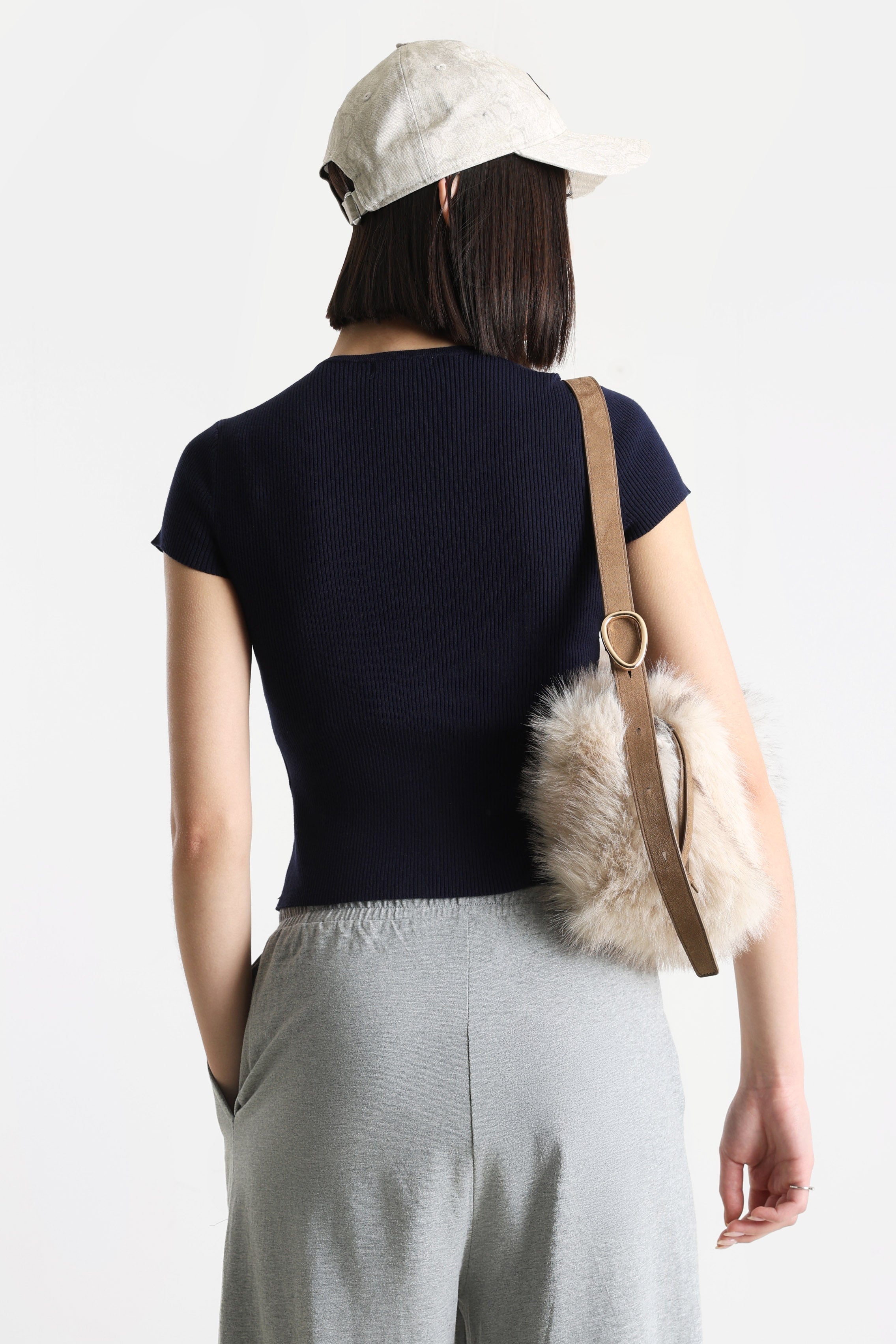 Geripptes Crop T-Shirt - Marineblau