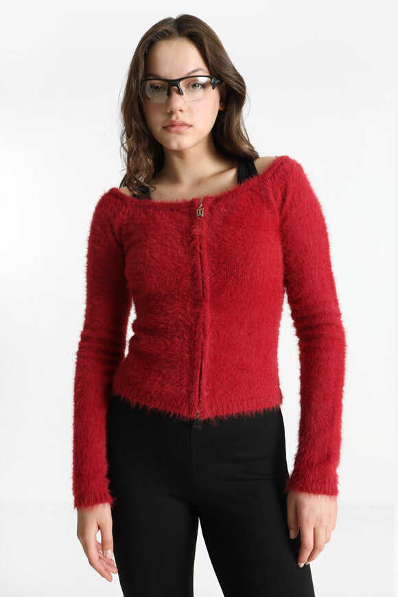Pull off shoulder en tricot poilu - Rouge