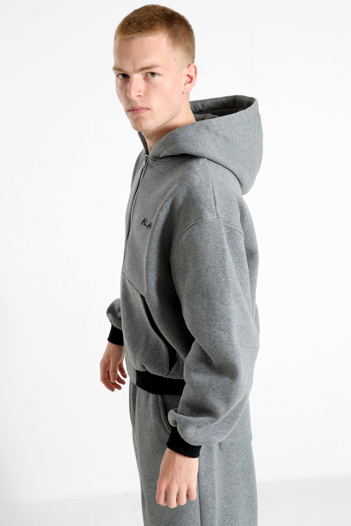 Kapuzensweatjacke - Dunkelgrau meliert + Schwarz