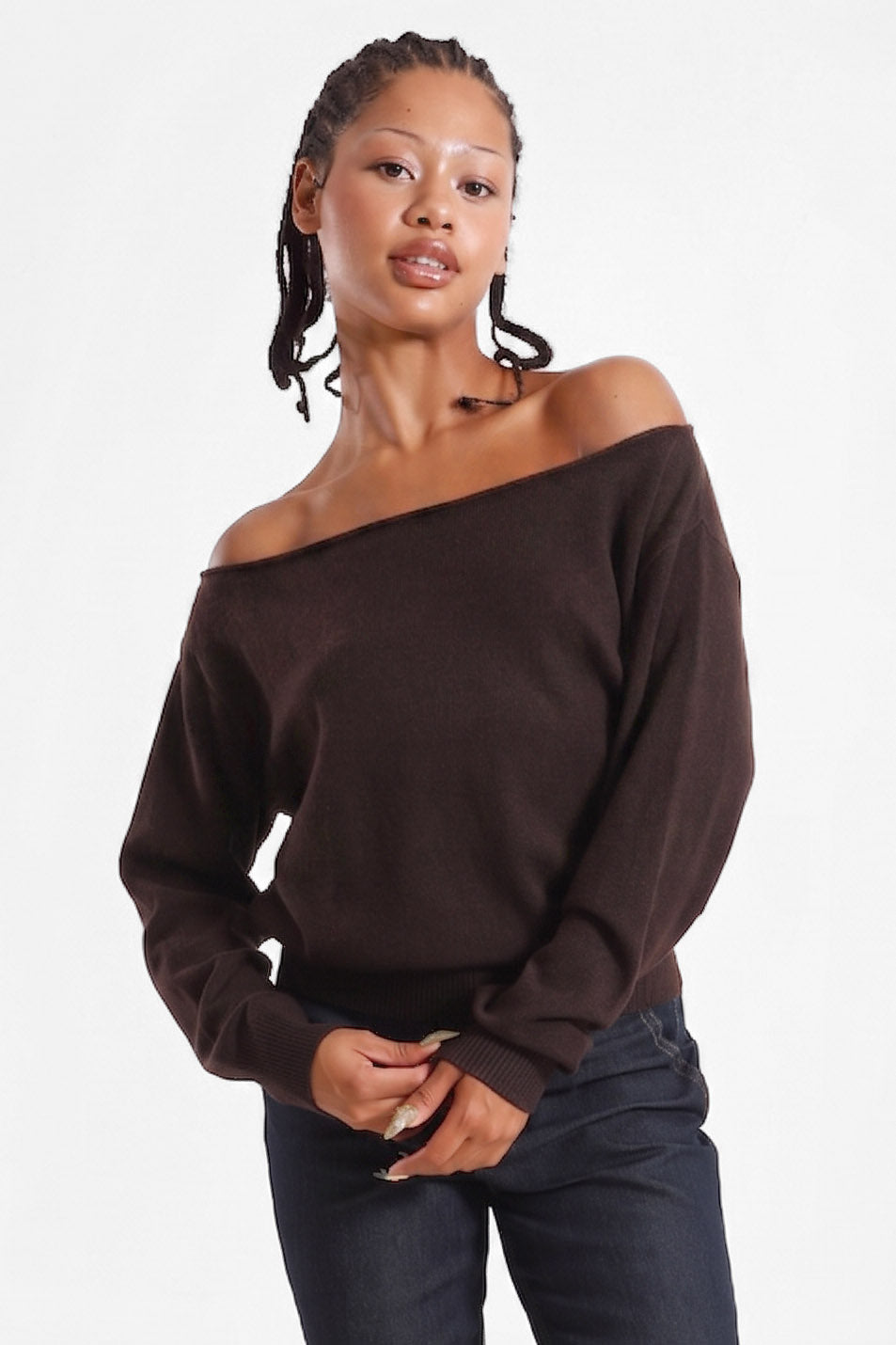 Maglione con scollo a barca in maglia - Brun foncé