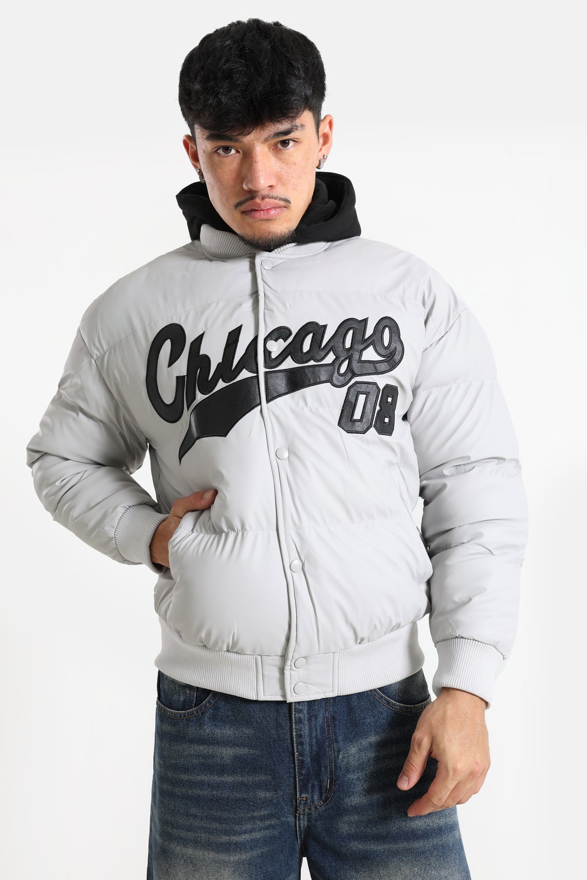 Puffer Kunstlederjacke - Light Grey + Black