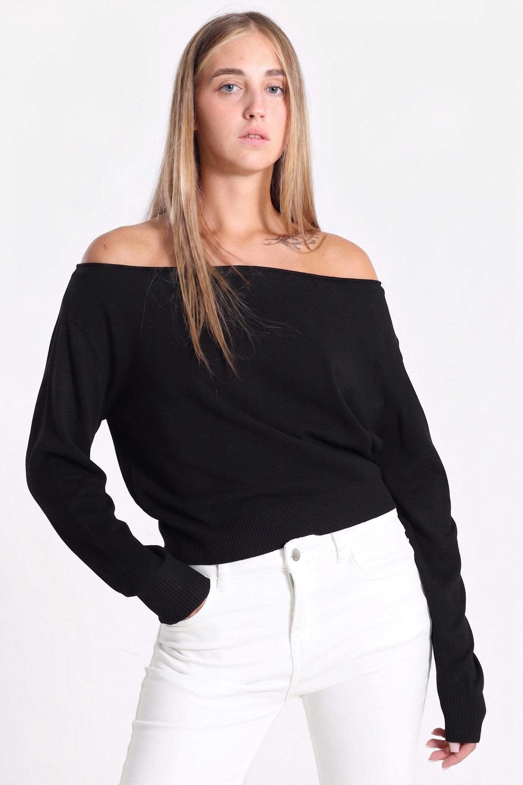 Off Shoulder Strickpullover - Schwarz