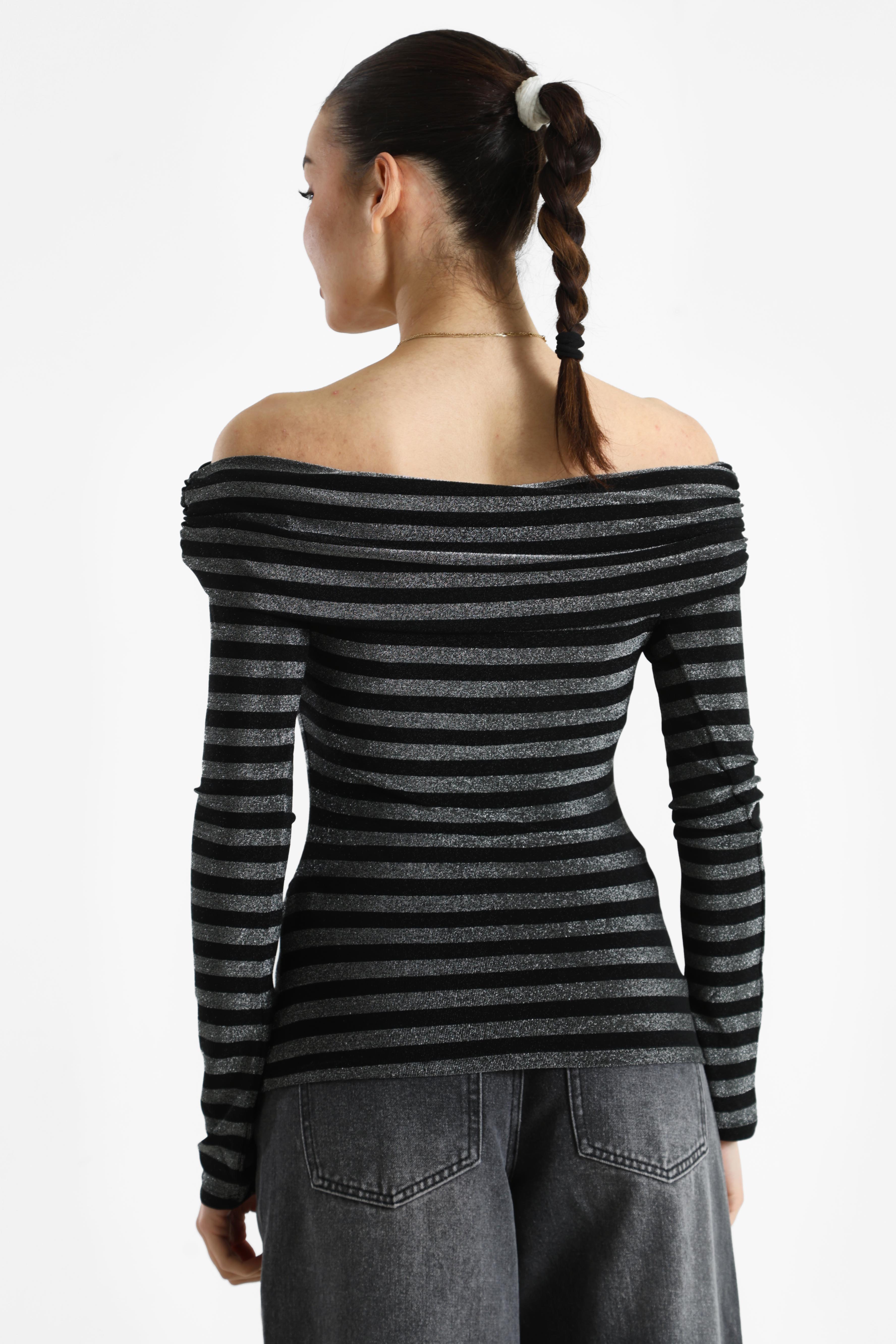 Off-shoulder glitter long sleeve shirt - black + silver