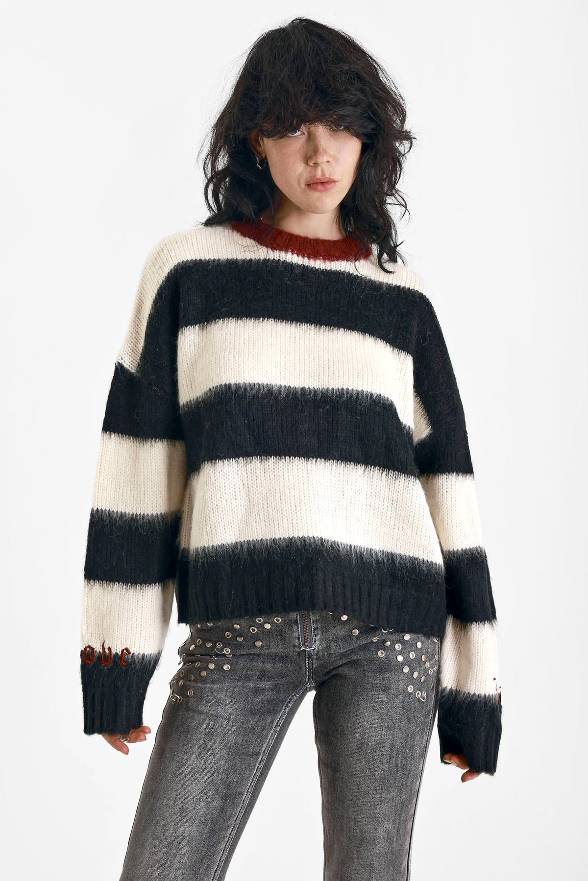 Feelings Stripe Oversize Strickpullover - Black + Ecru + Maroon