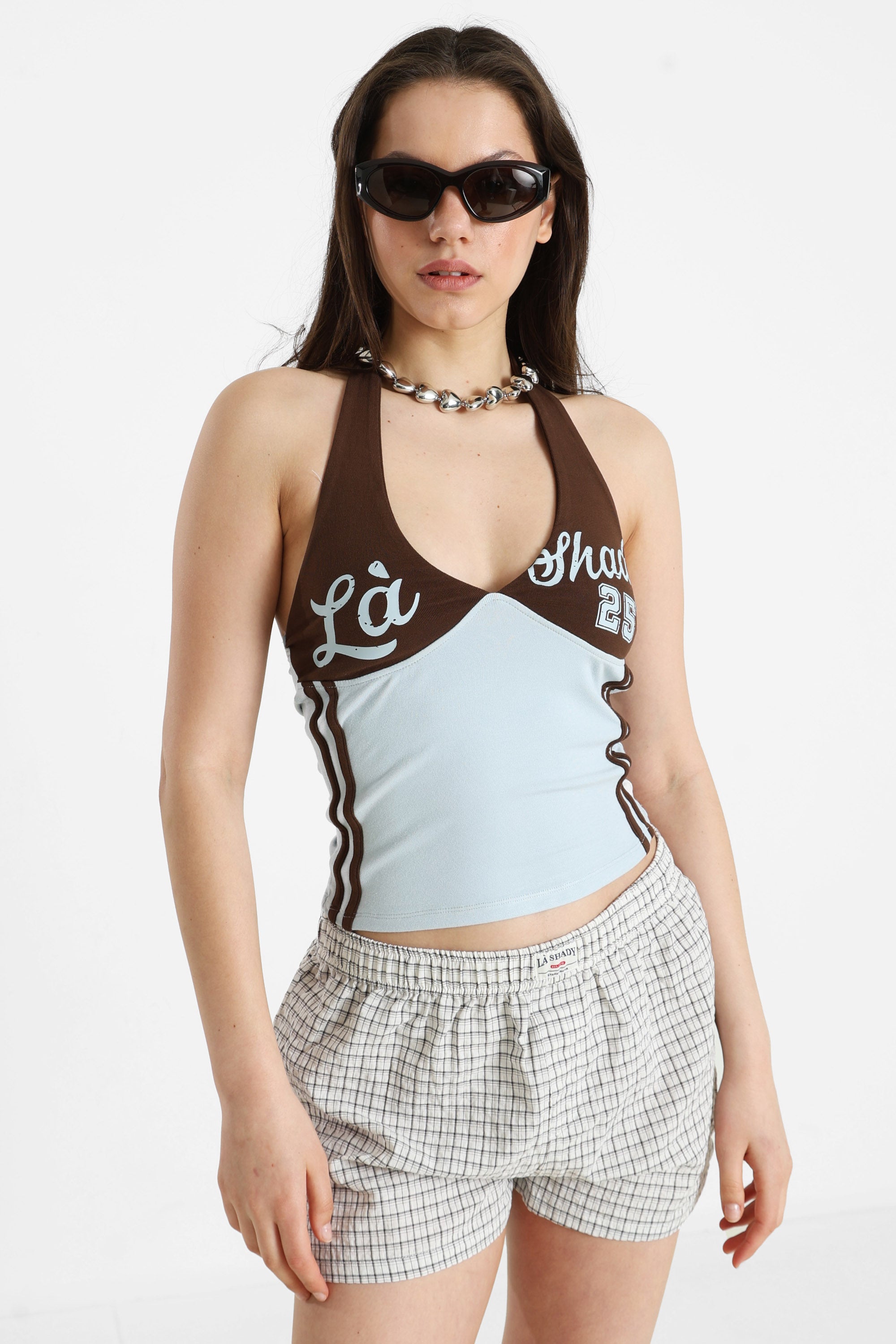 Neckholder Crop Top - Dunkelbraun + Hellblau