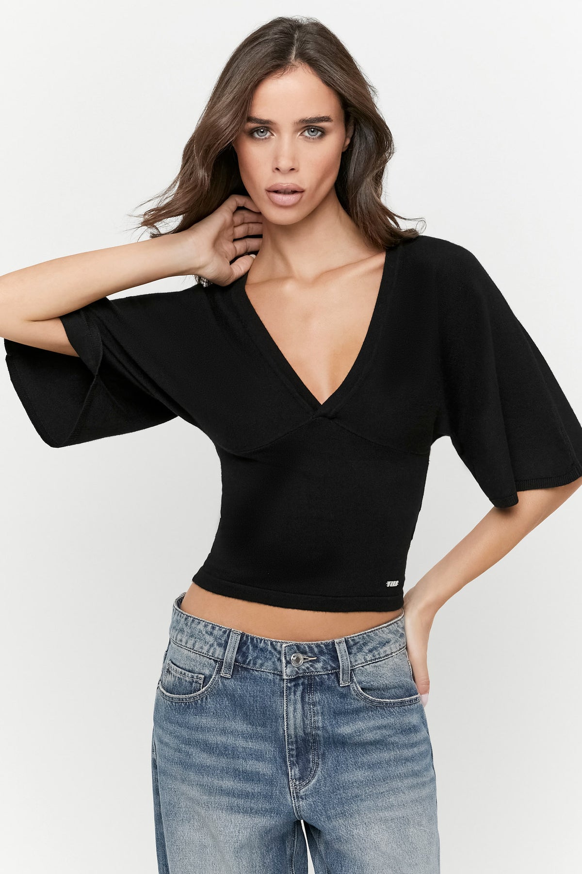 Cropped fine knit sweater - Black
