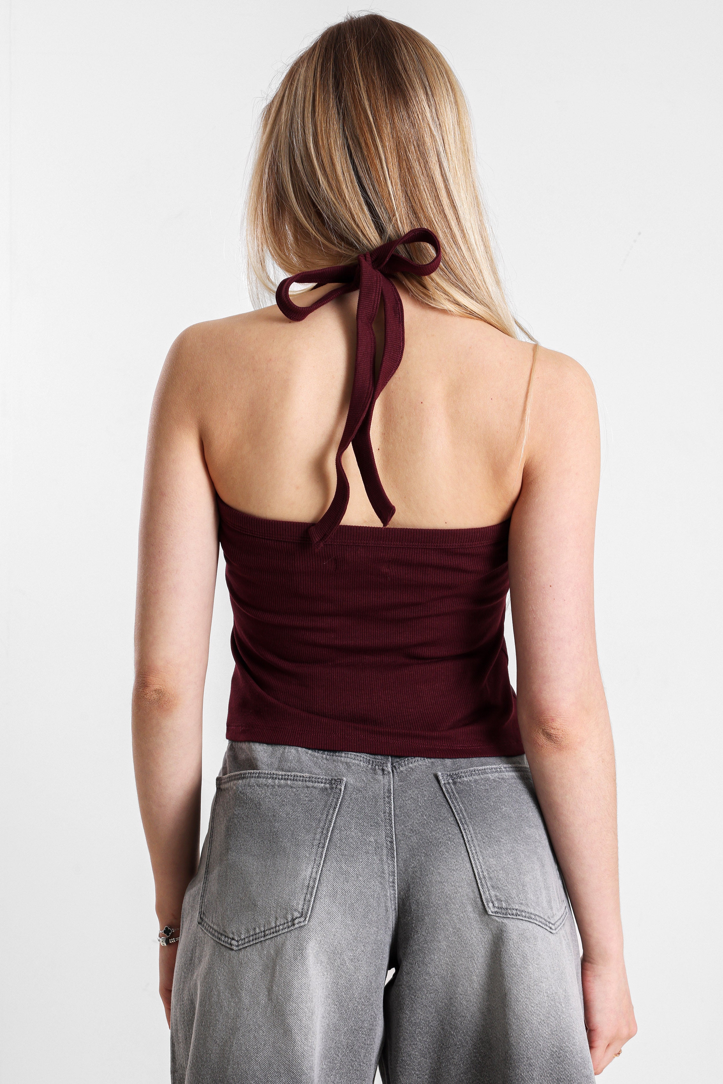 Geripptes Neckholder Crop Top - Bordeaux
