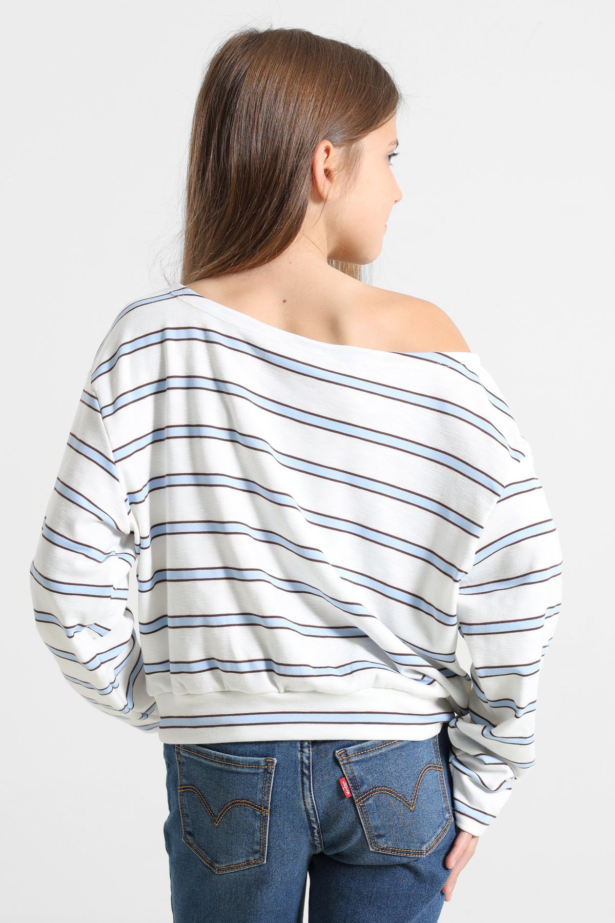 Off Shoulder Langarmshirt - Offwhite + Hellblau + Braun