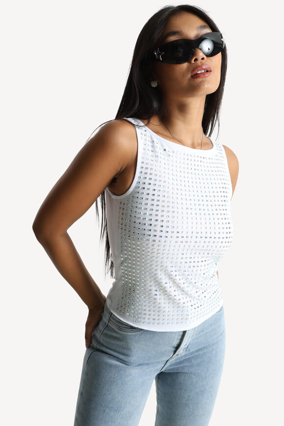 Mesh crop top with rhinestones - white