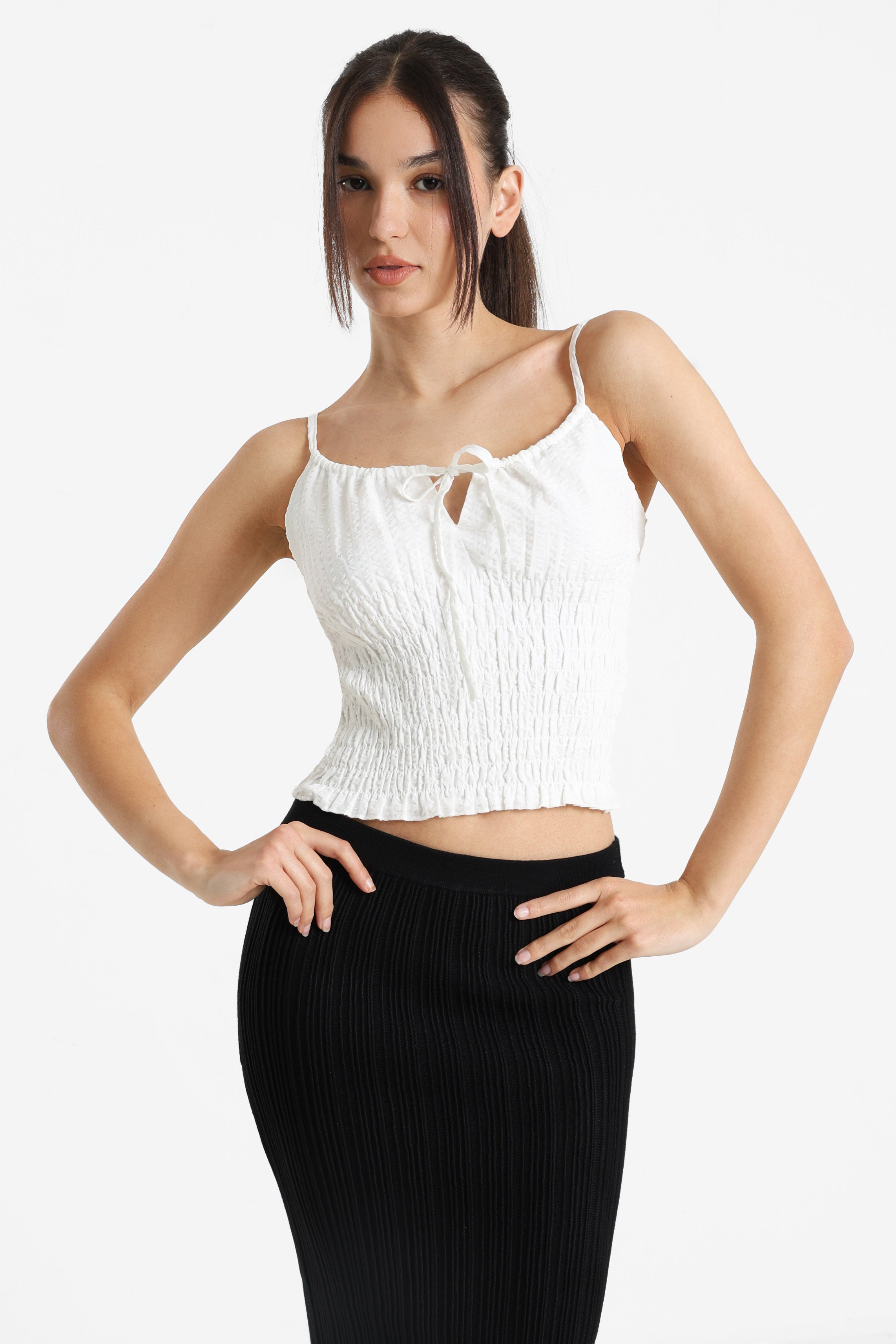 Top court en tissu smocké - Ecru