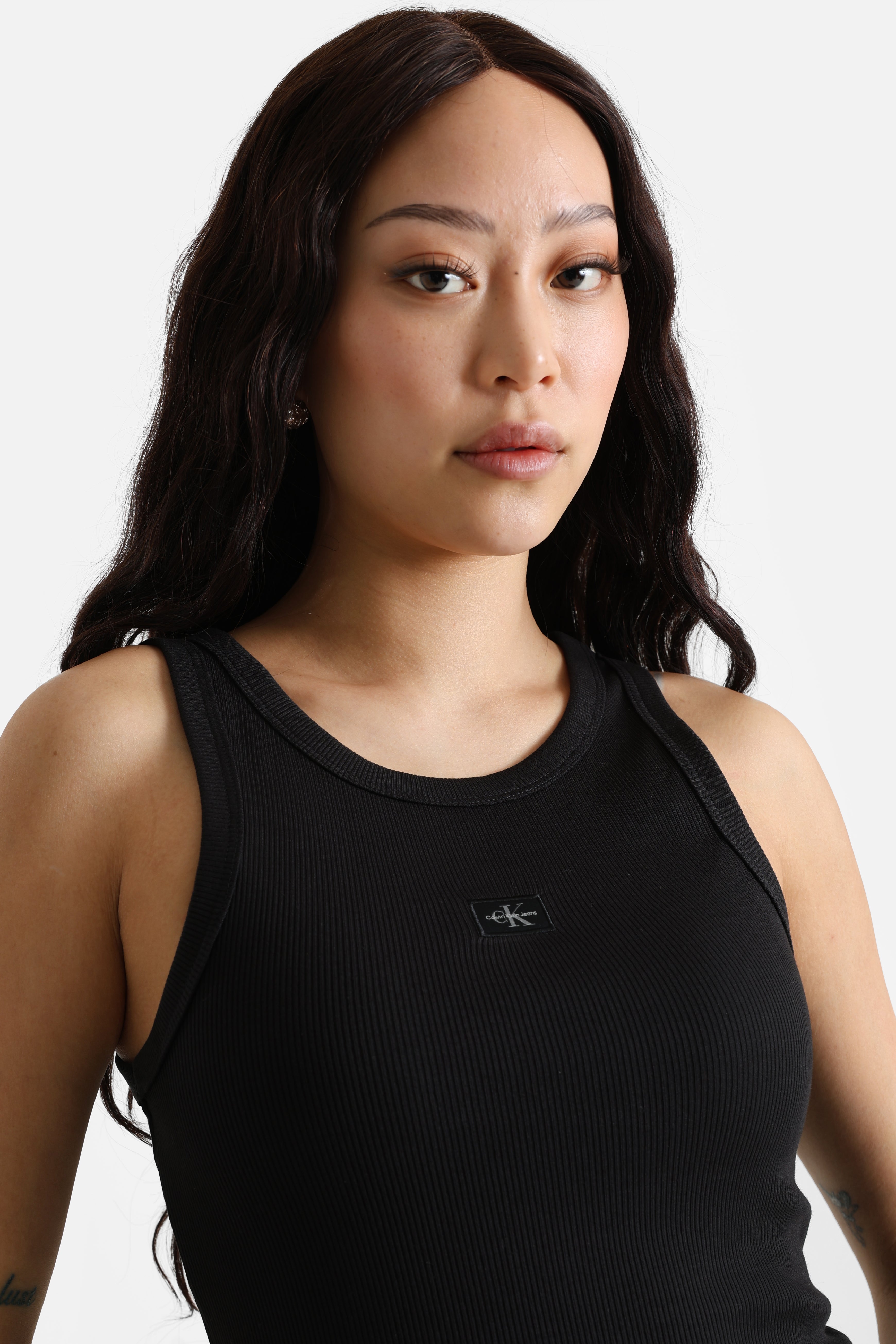 Woven Label ribbed tank top - Black