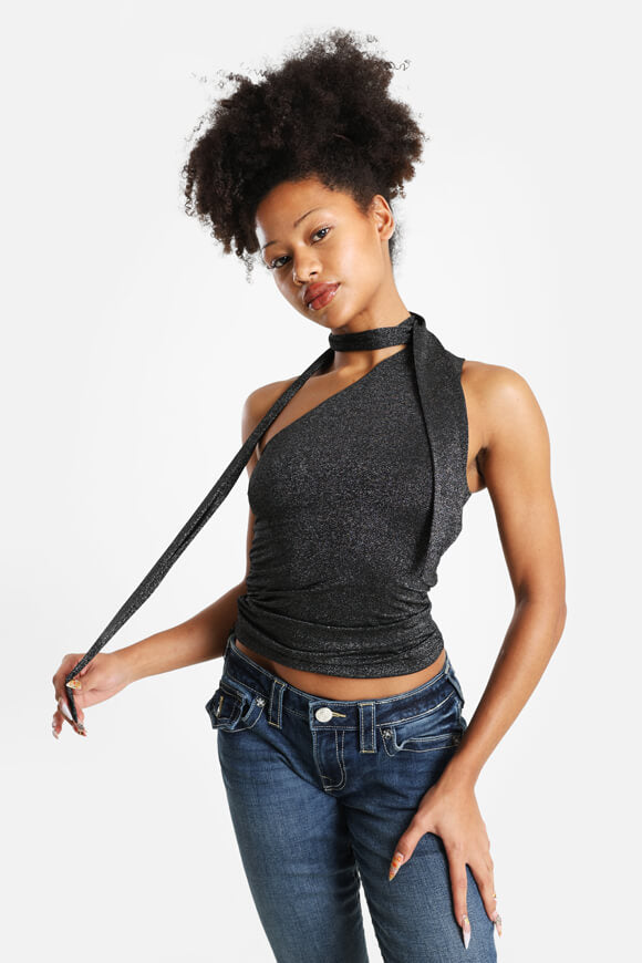 One Shoulder Crop Top - Schwarz + Silber