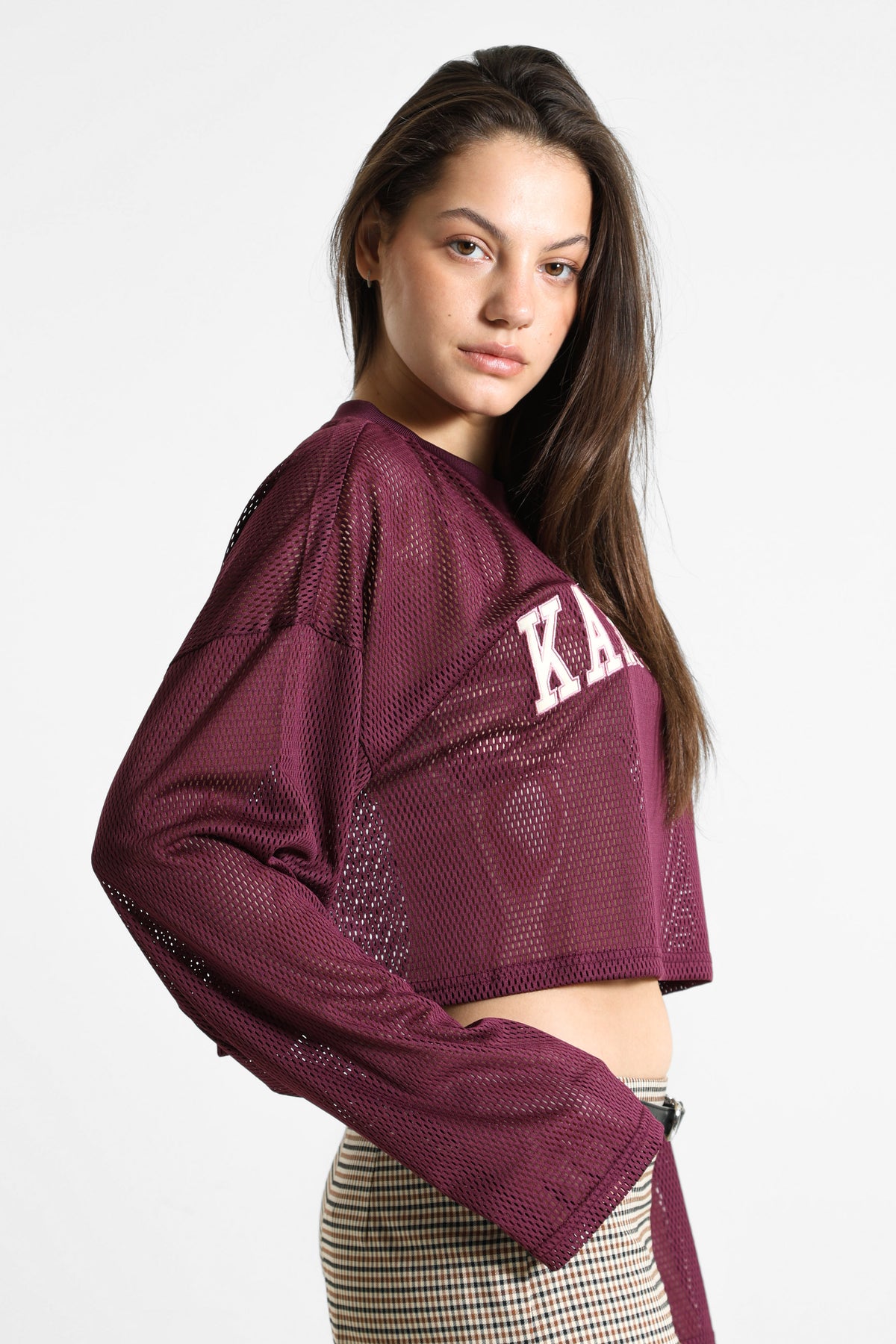 Crop Mesh Langarmshirt - Plum