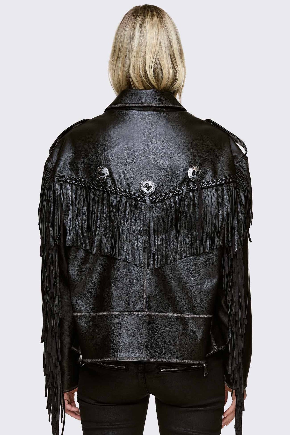 Nomad giacca biker in ecopelle con frange - Black