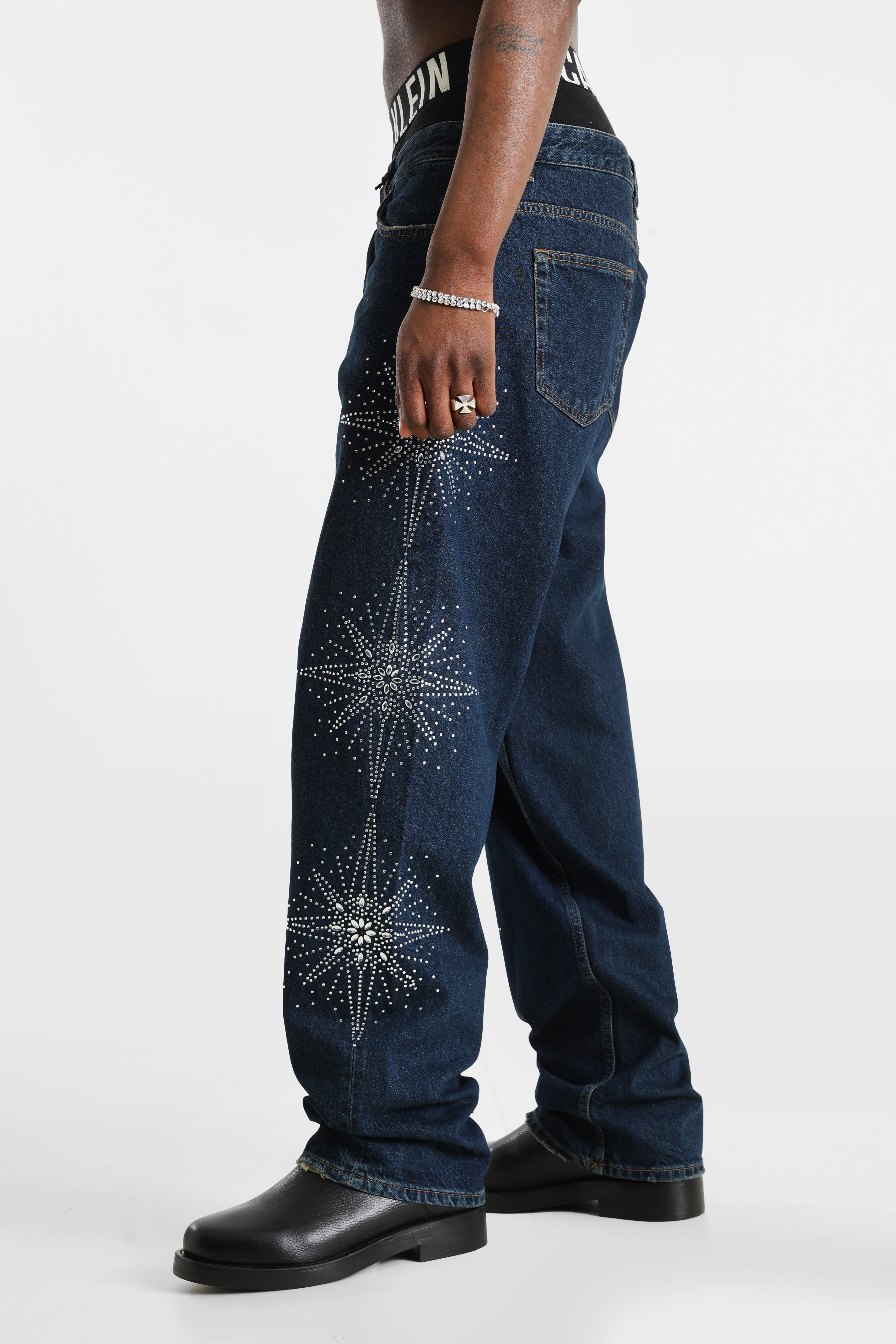 Loose Fit Jeans mit Strass - Dark Blue Denim