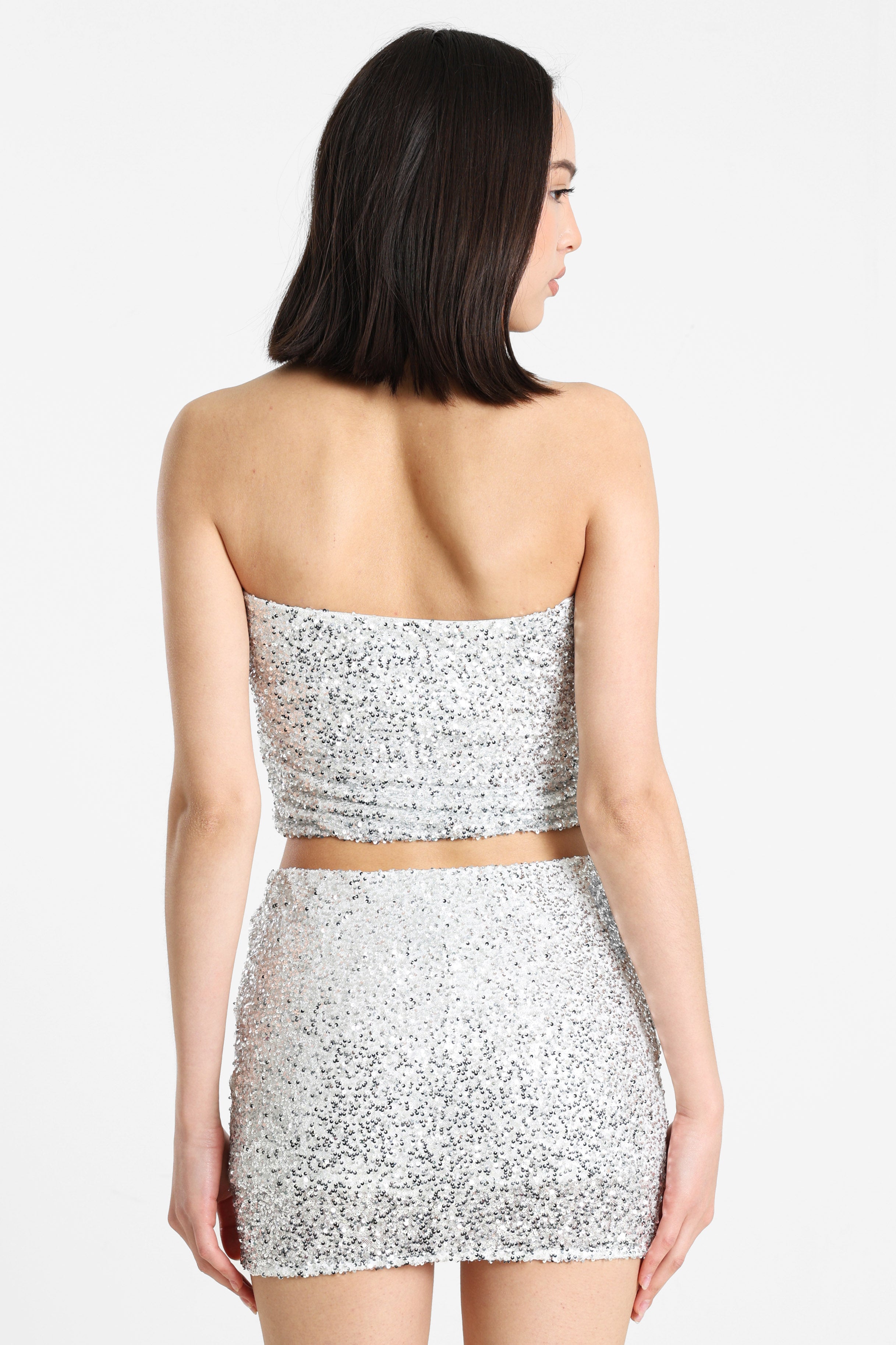 Pailletten Bandeau Crop Top - Silber + Weiss