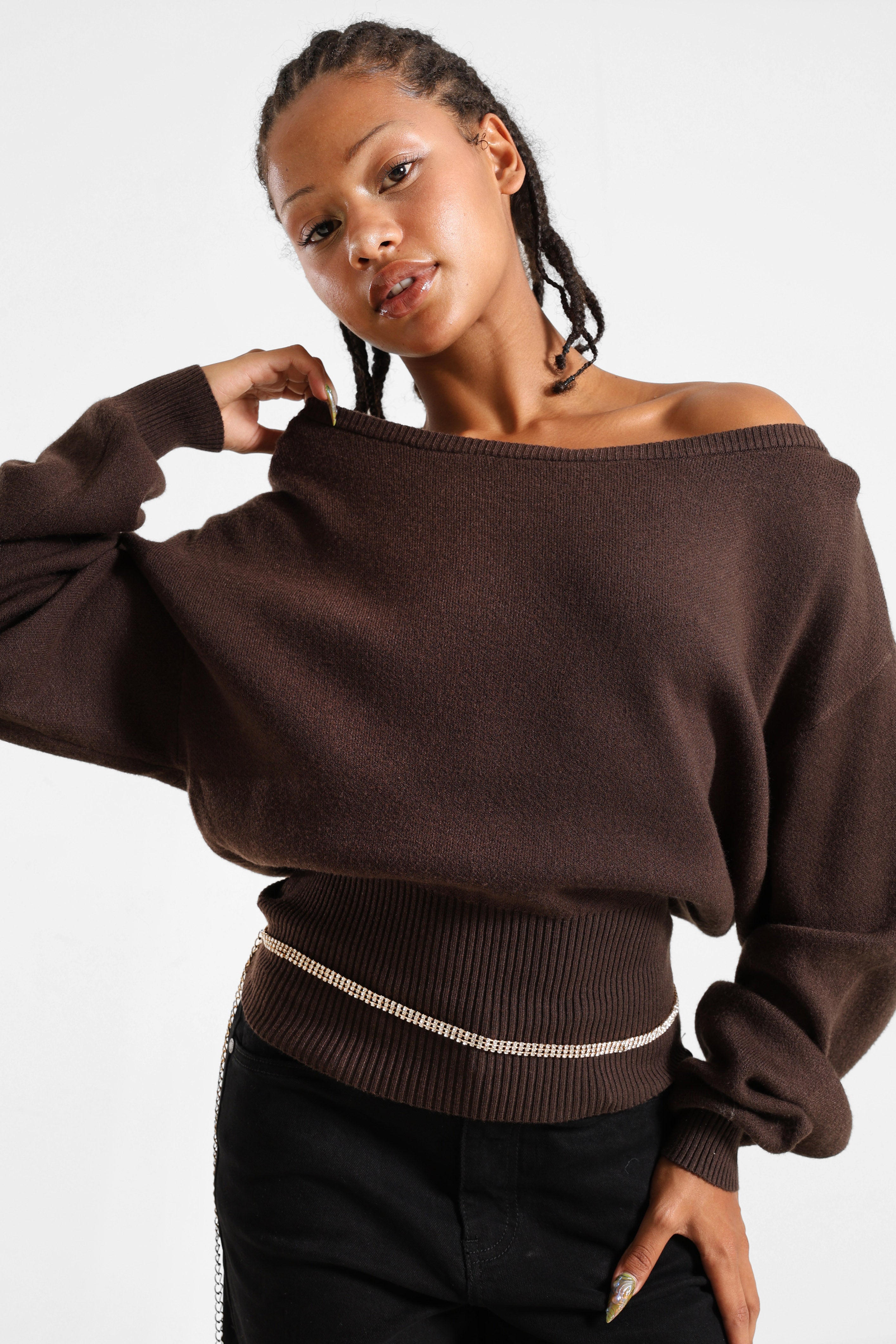 Maglione con scollo a barca in maglia - Brun foncé