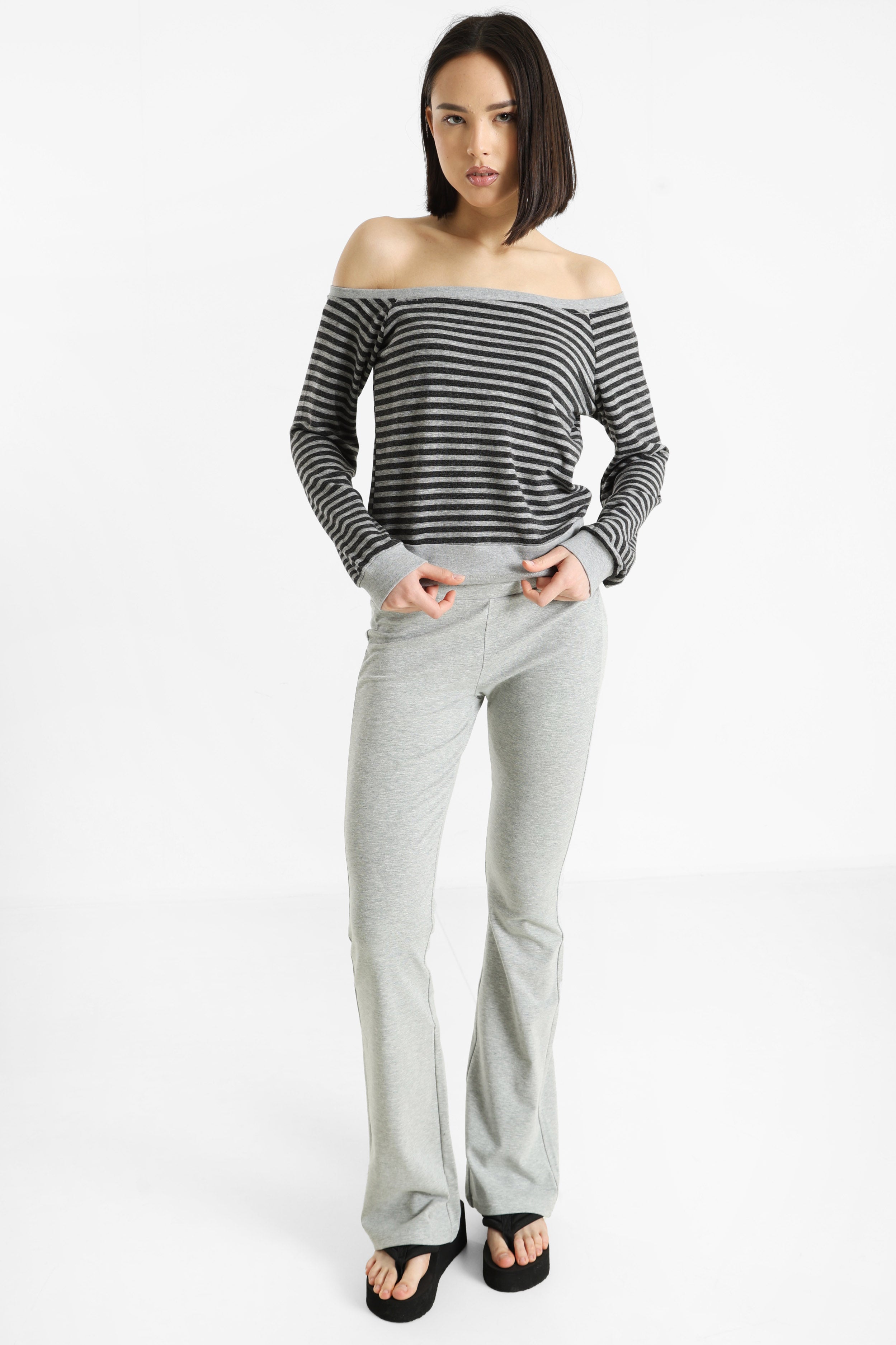 One Shoulder Langarmshirt - Grau meliert + Anthrazit