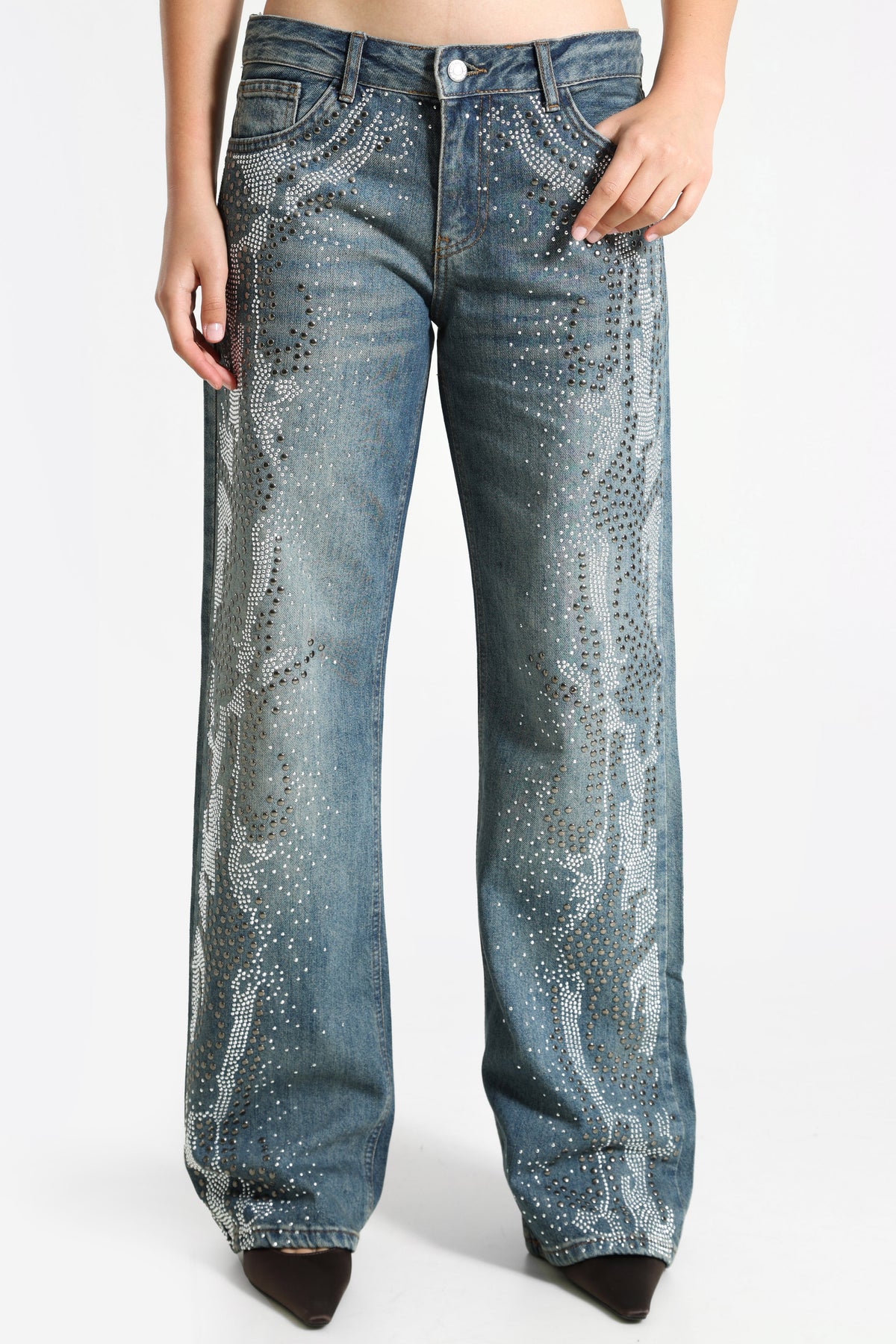 Wide Leg Jeans mit Nieten und Strass - Dark Blue Denim