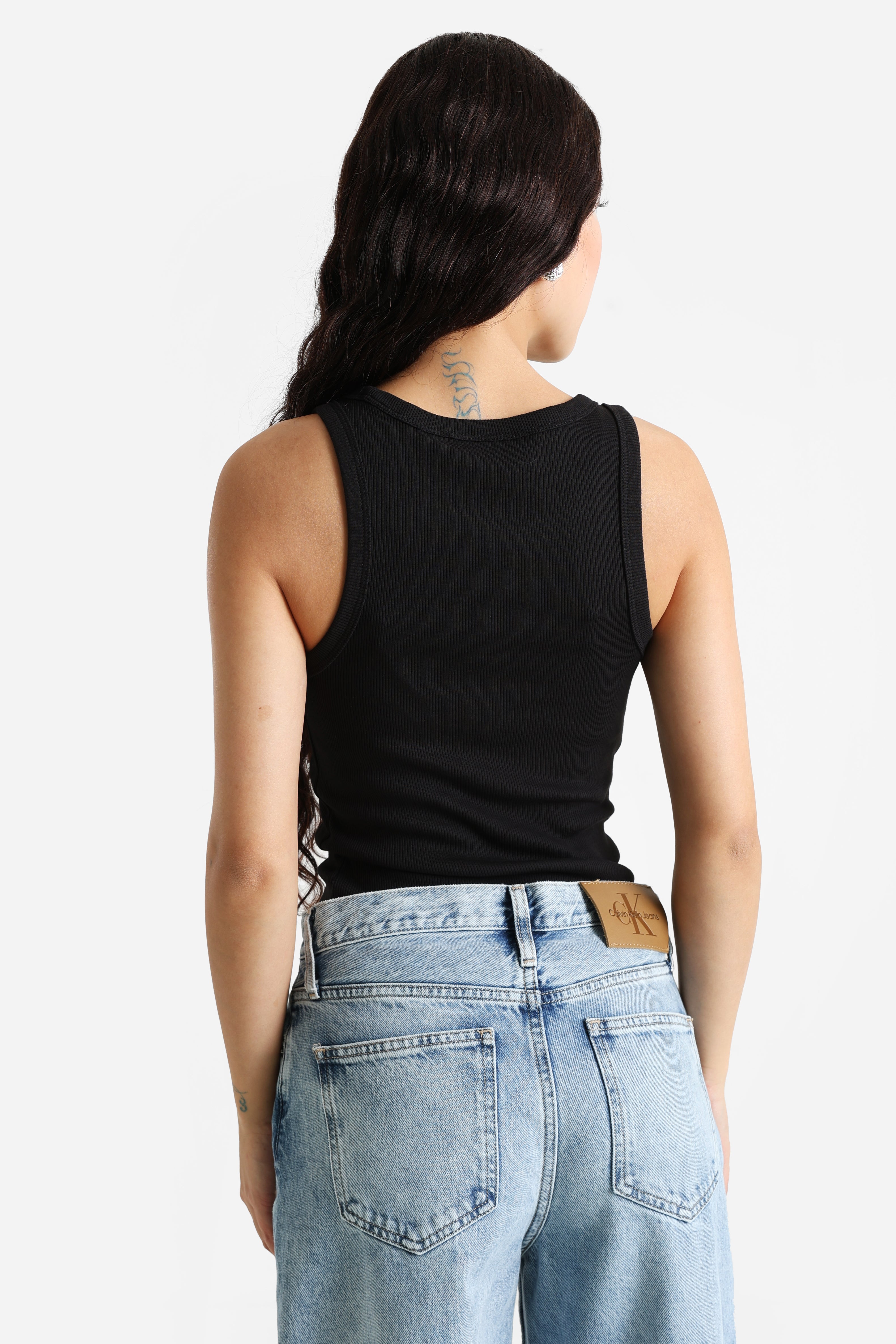 Woven Label ribbed tank top - Black
