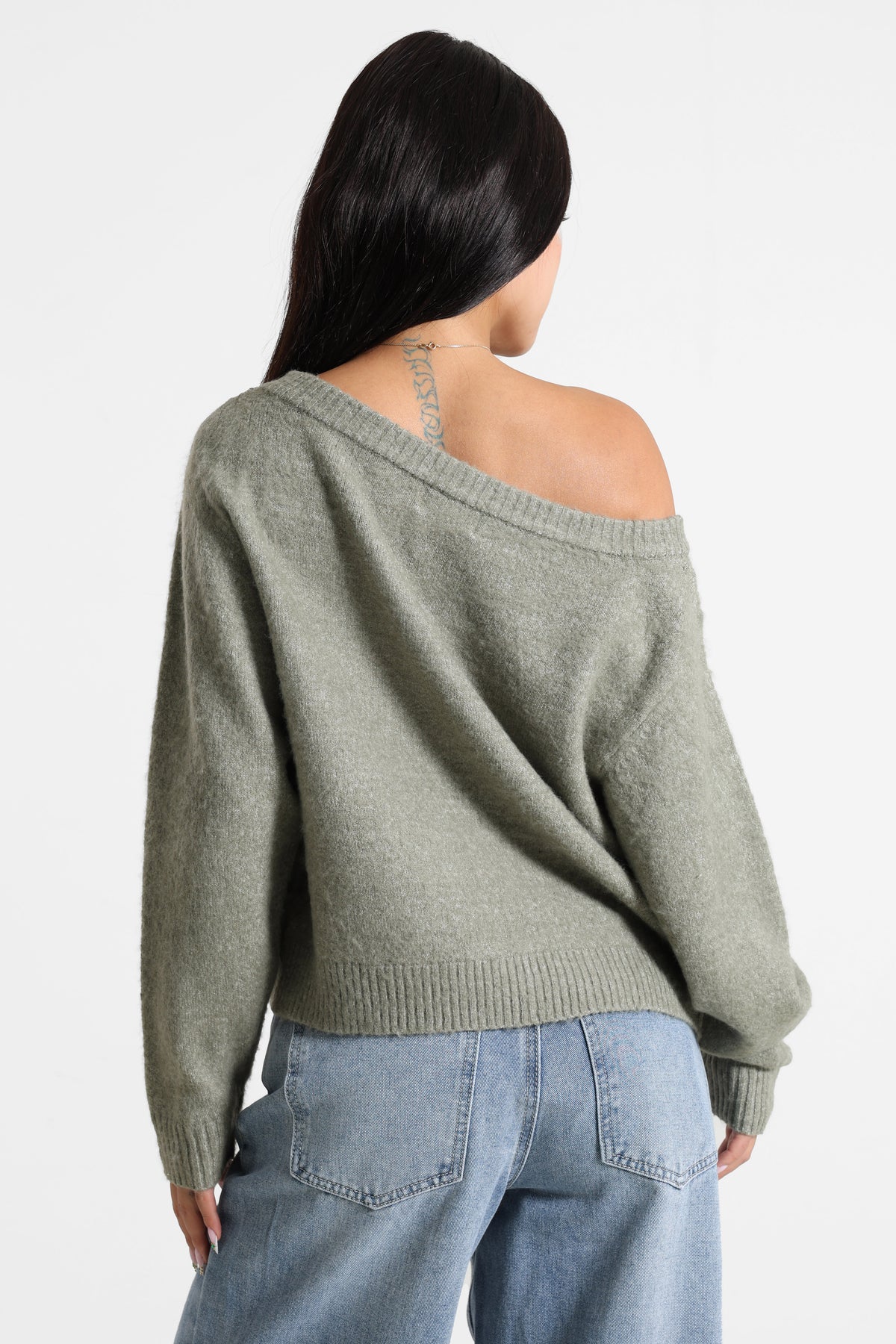 Off-shoulder knitted sweater - Heather khaki