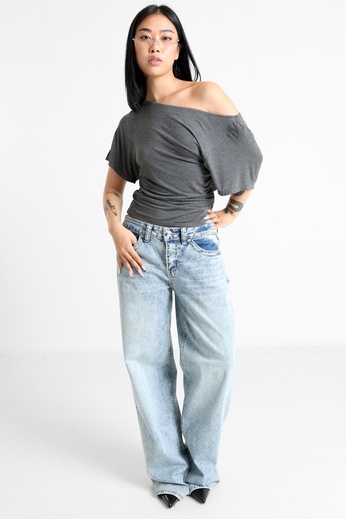Off Shoulder T-Shirt - Dunkelgrau meliert