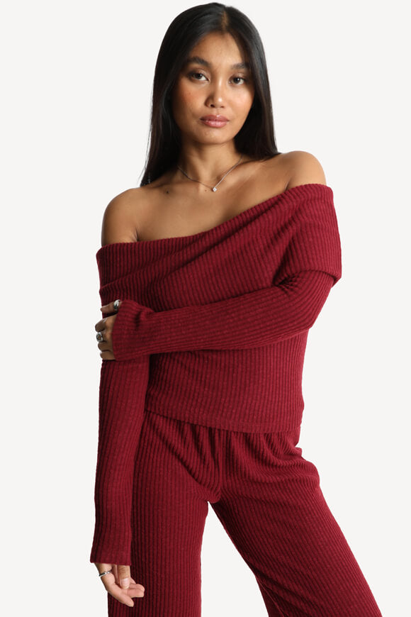 Pull off shoulder en tricot côtelé - Bordeaux
