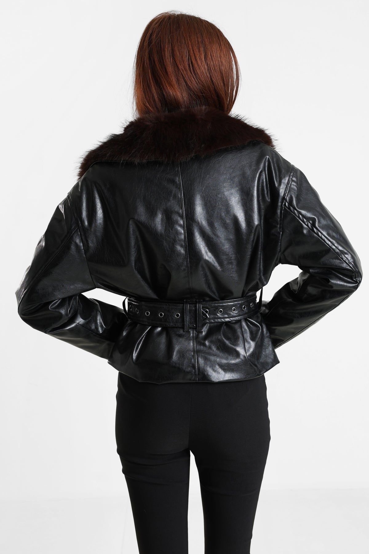 Short faux leather jacket - Black + Brun foncé
