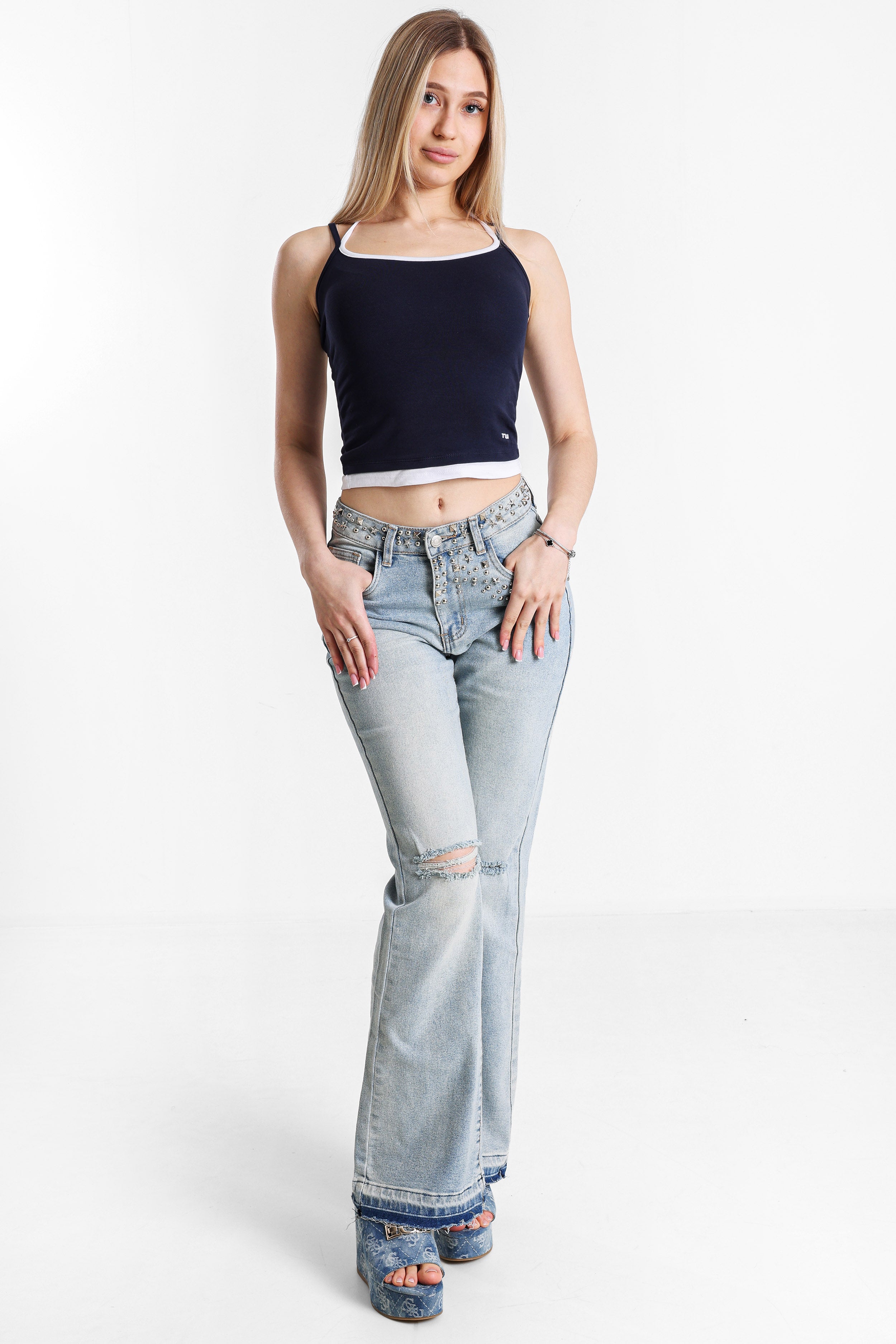 Crop Trägertop - Navy + White