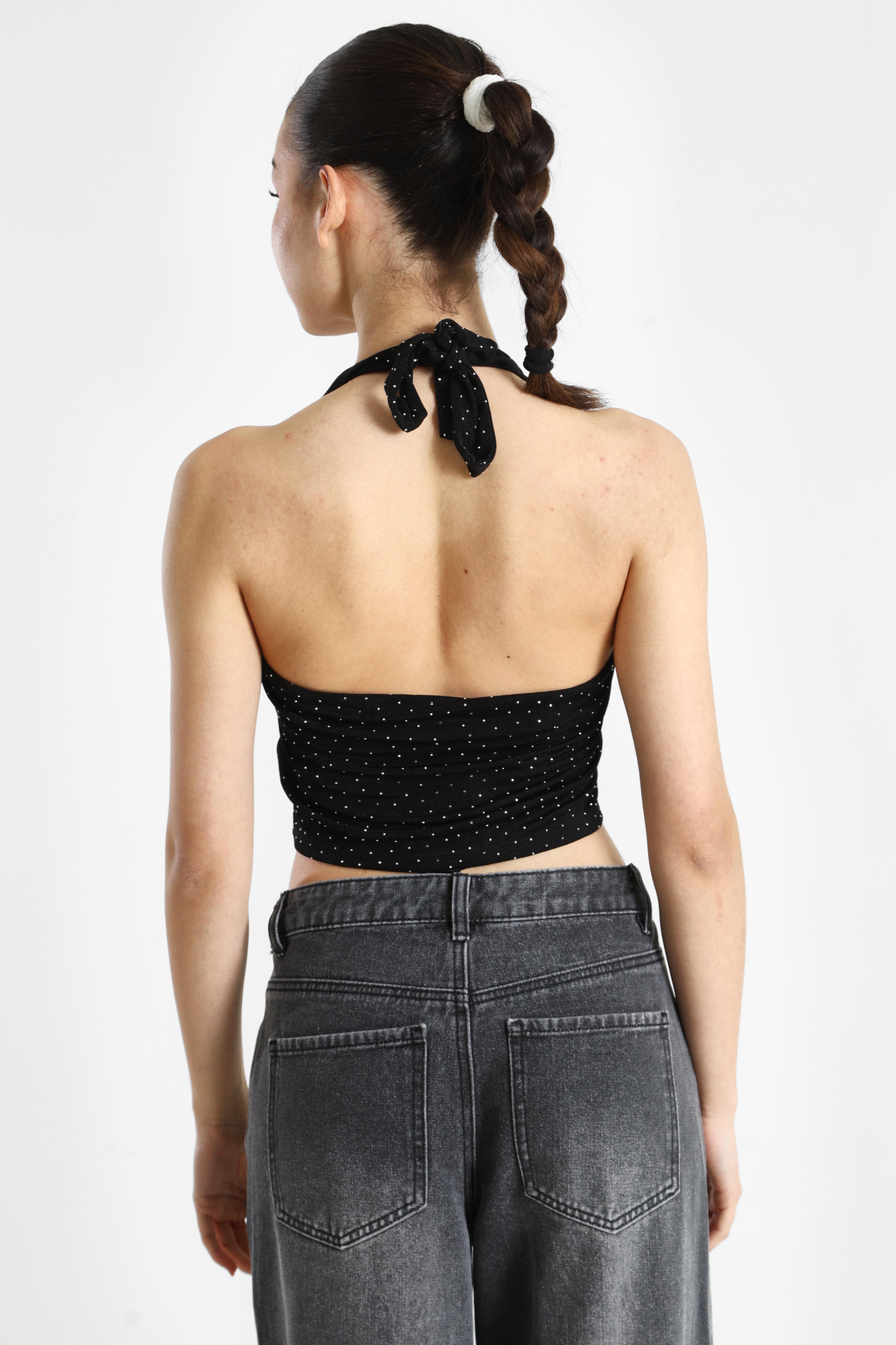 Halter neck crop top with rhinestones - black