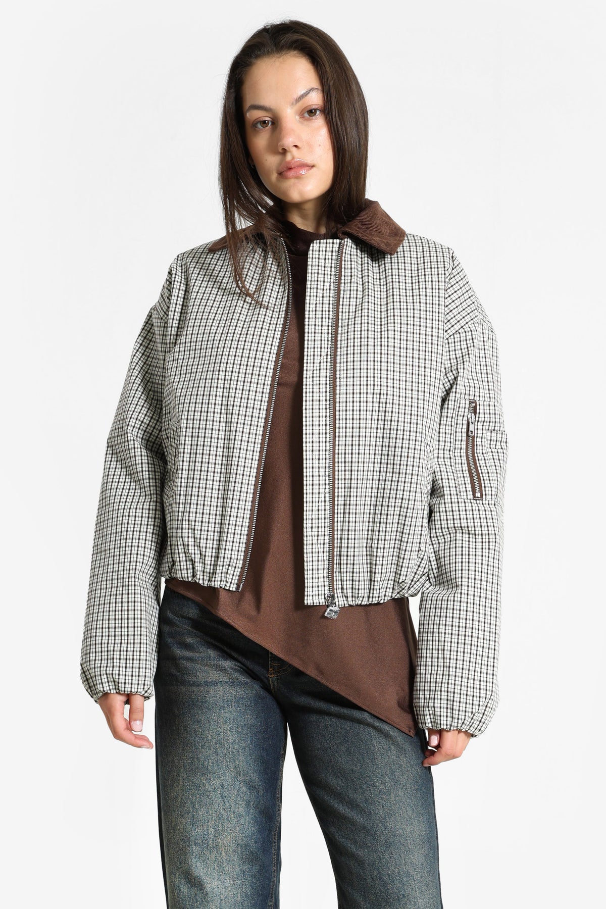 Leichte Bomberjacke - Offwhite + Braun