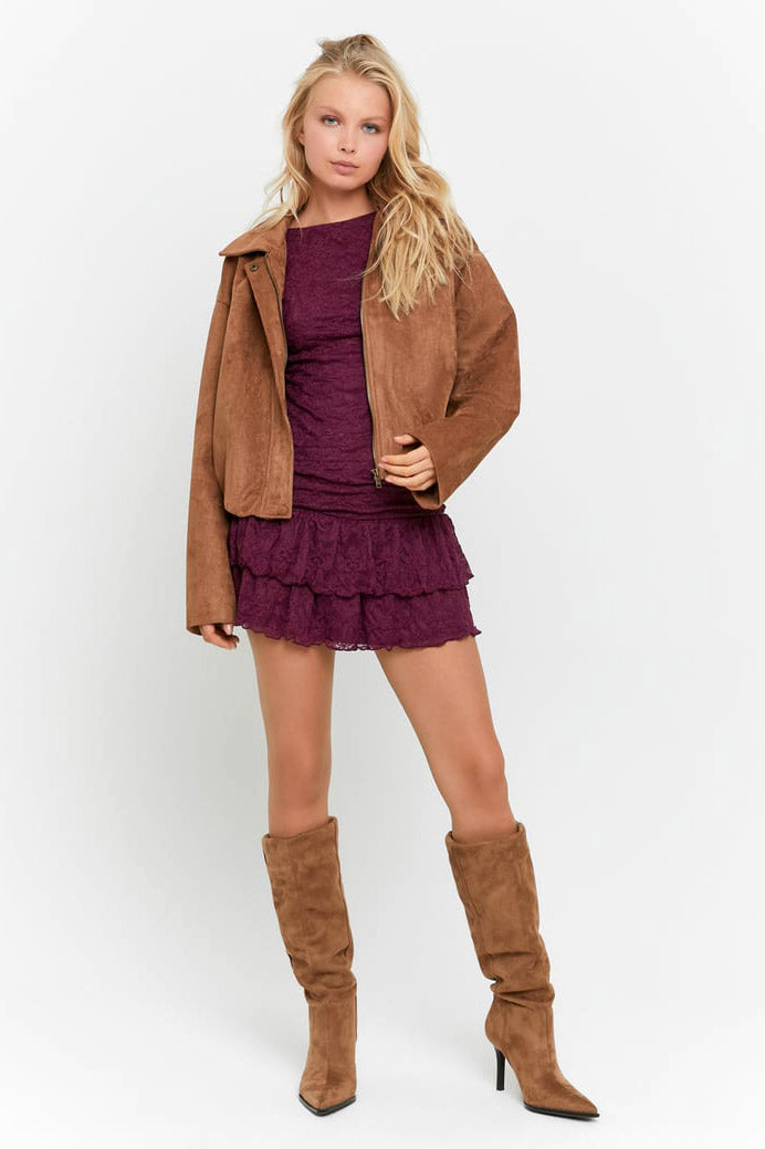 Mini abito in pizzo con pantaloncini integrati - Burgundy